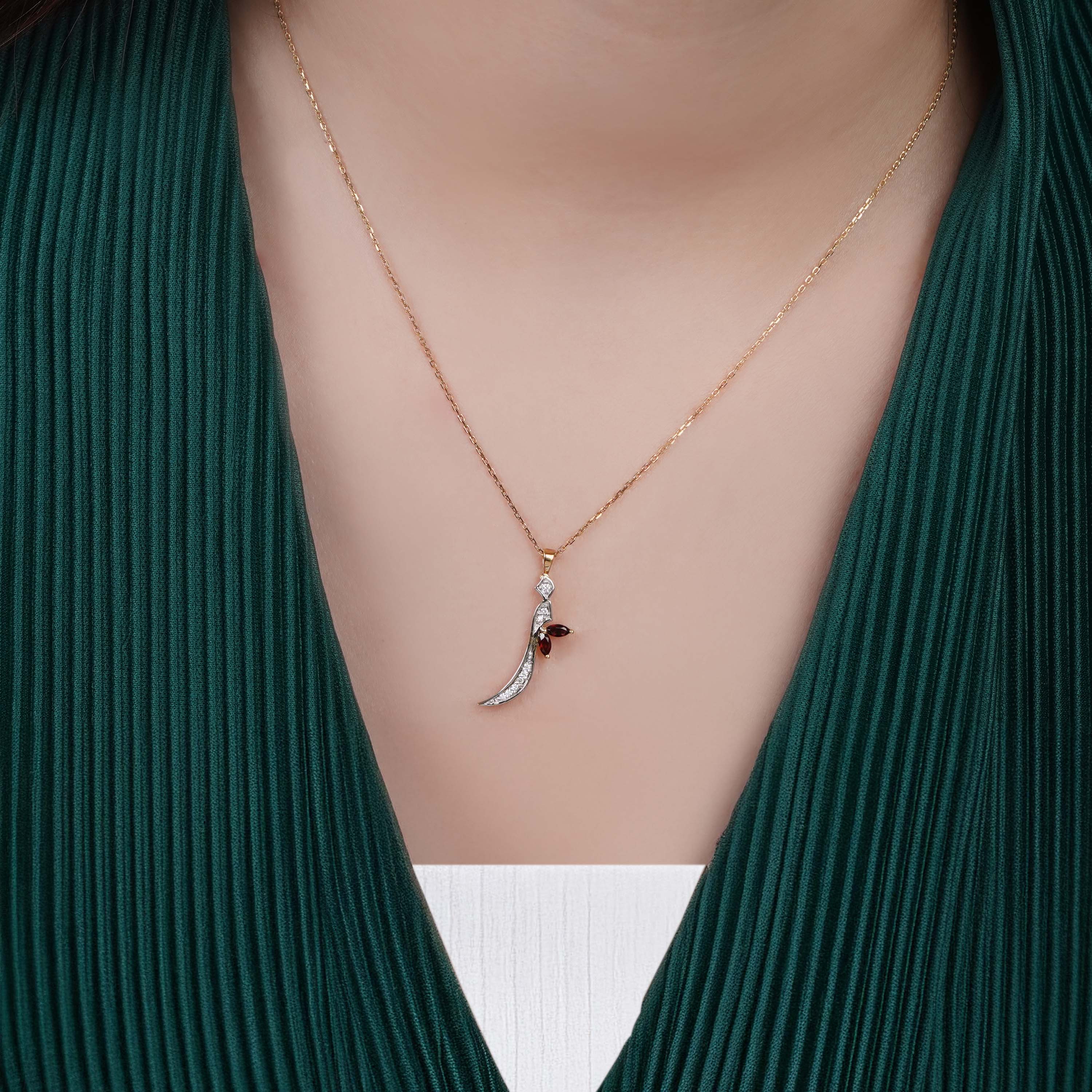 18k Yellow Gold 'Zaal' Arabic Letter Necklace with Natural Diamond & Garnet | Horoufi Diamond Collection - Image 2