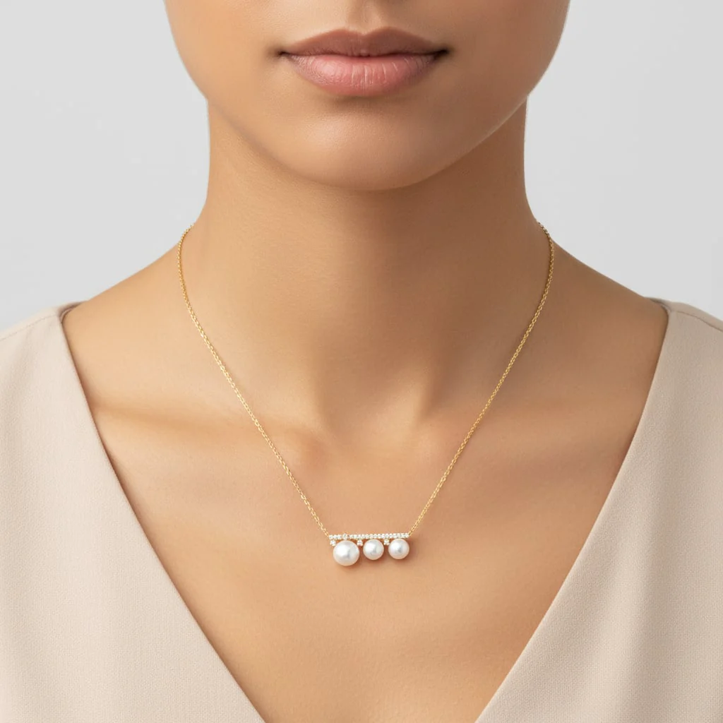 18k yellow necklace decorated with natural diamond and multiple sizes of pearls | Danah collection - Image 2