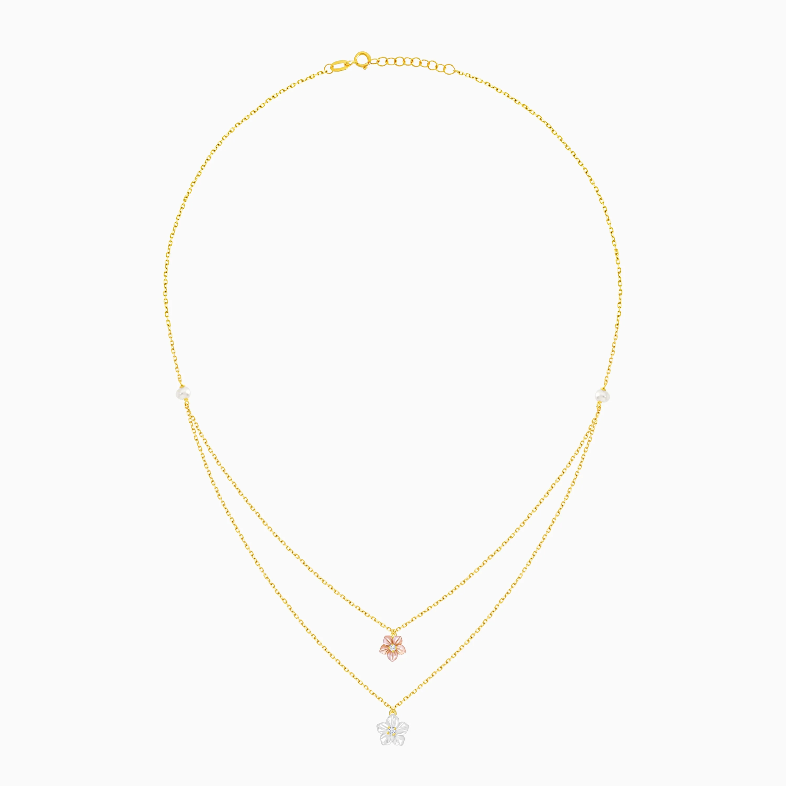 2 Layer 18K Gold Necklace Pink & White Mother of Pearl & Zircon - Image 3