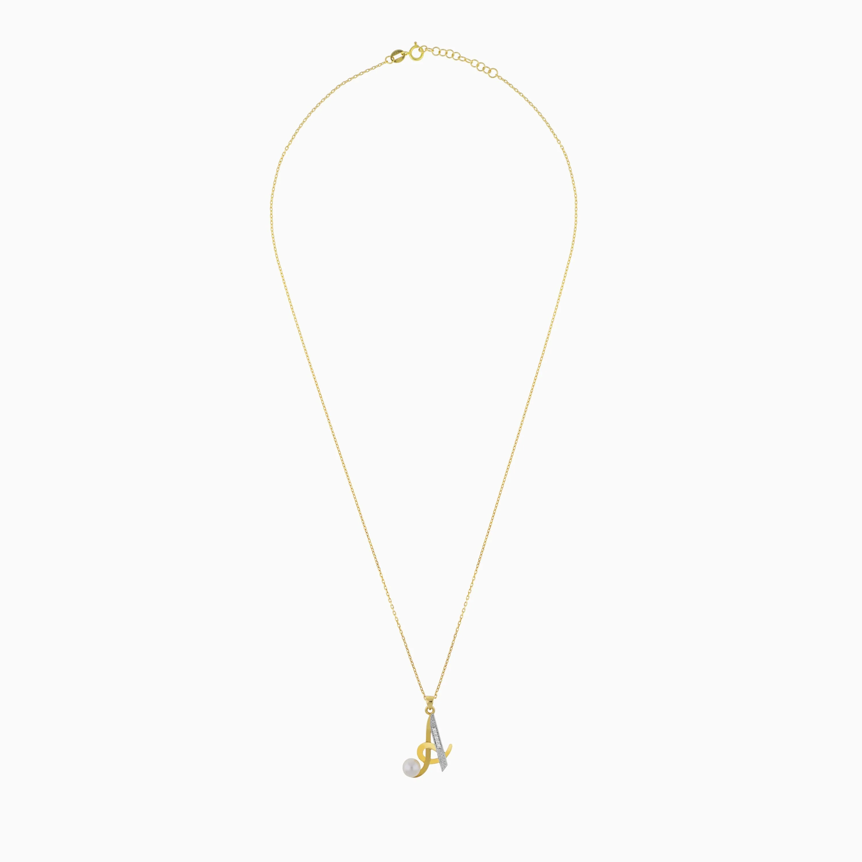18k Yellow Gold 'A' Letter Necklace With Natural Diamonds & Pearl | Alpha Collection - Image 3