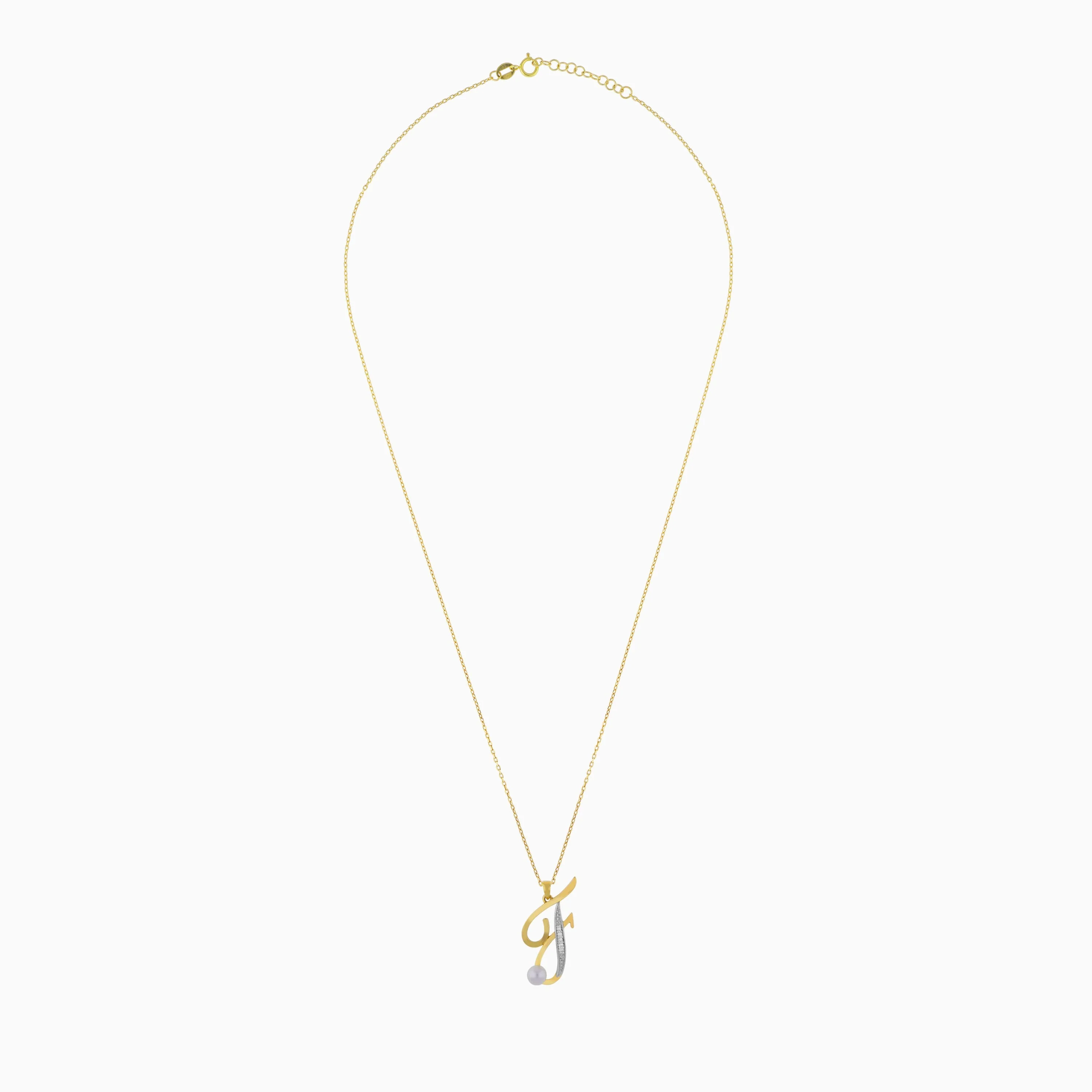 18k Yellow Gold 'F' Letter Necklace With Natural Diamonds & Pearl | Alpha Collection - Image 3