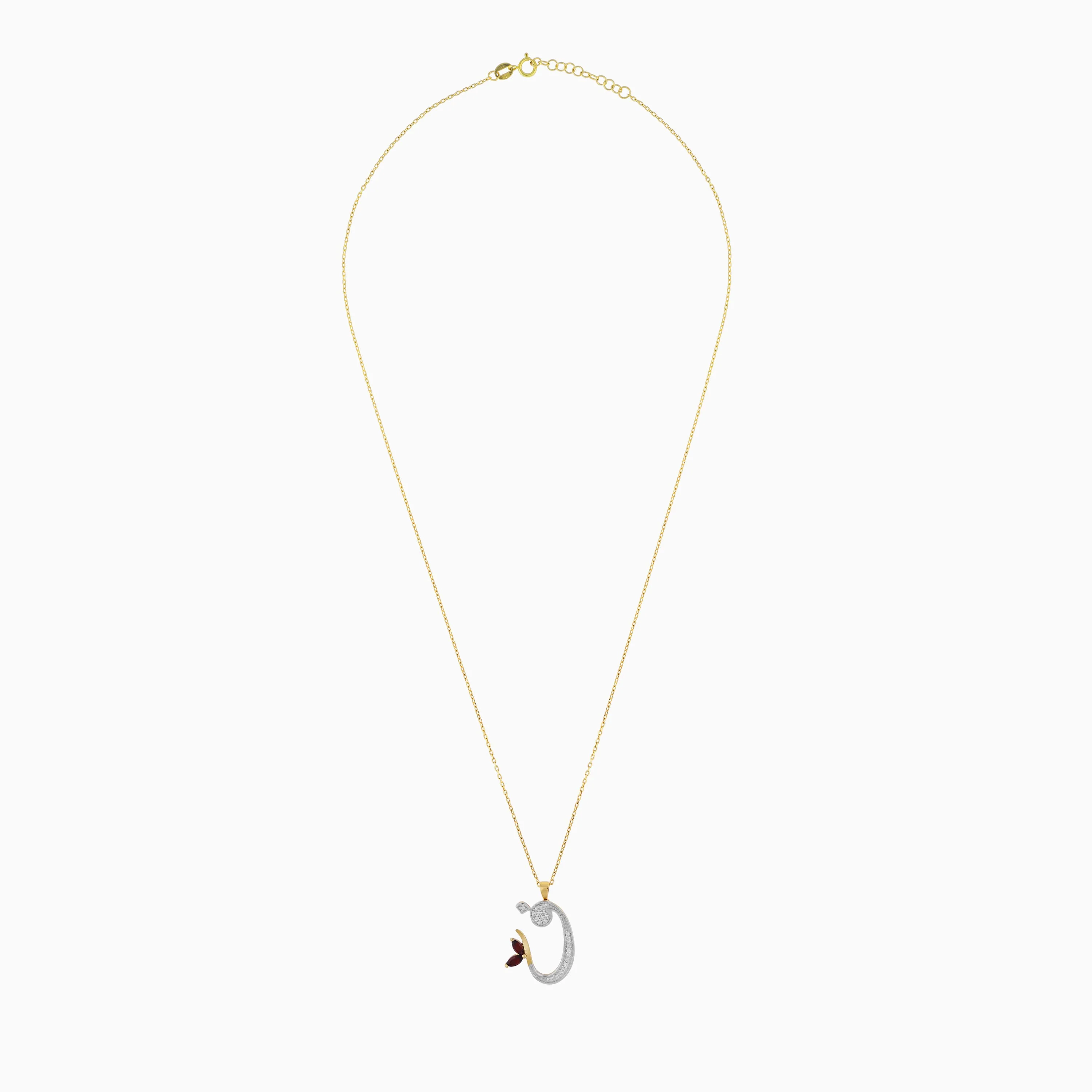 18k Yellow Gold 'FAA' Arabic Letter Necklace with Diamonds & Garnet | Horoufi Diamond Collection - Image 3