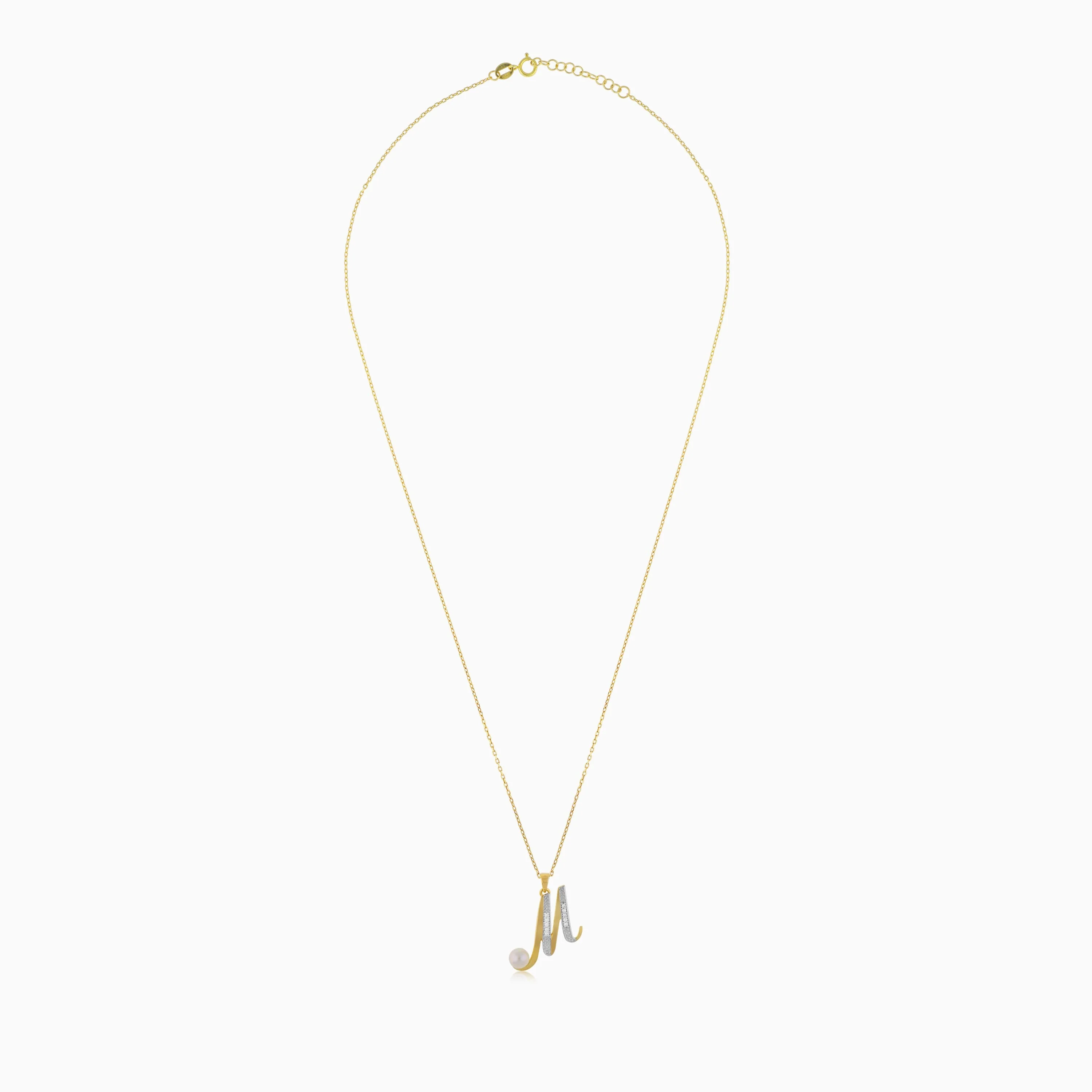 18k Yellow Gold 'M' Letter Necklace With Natural Diamonds & Pearl | Alpha Collection - Image 3