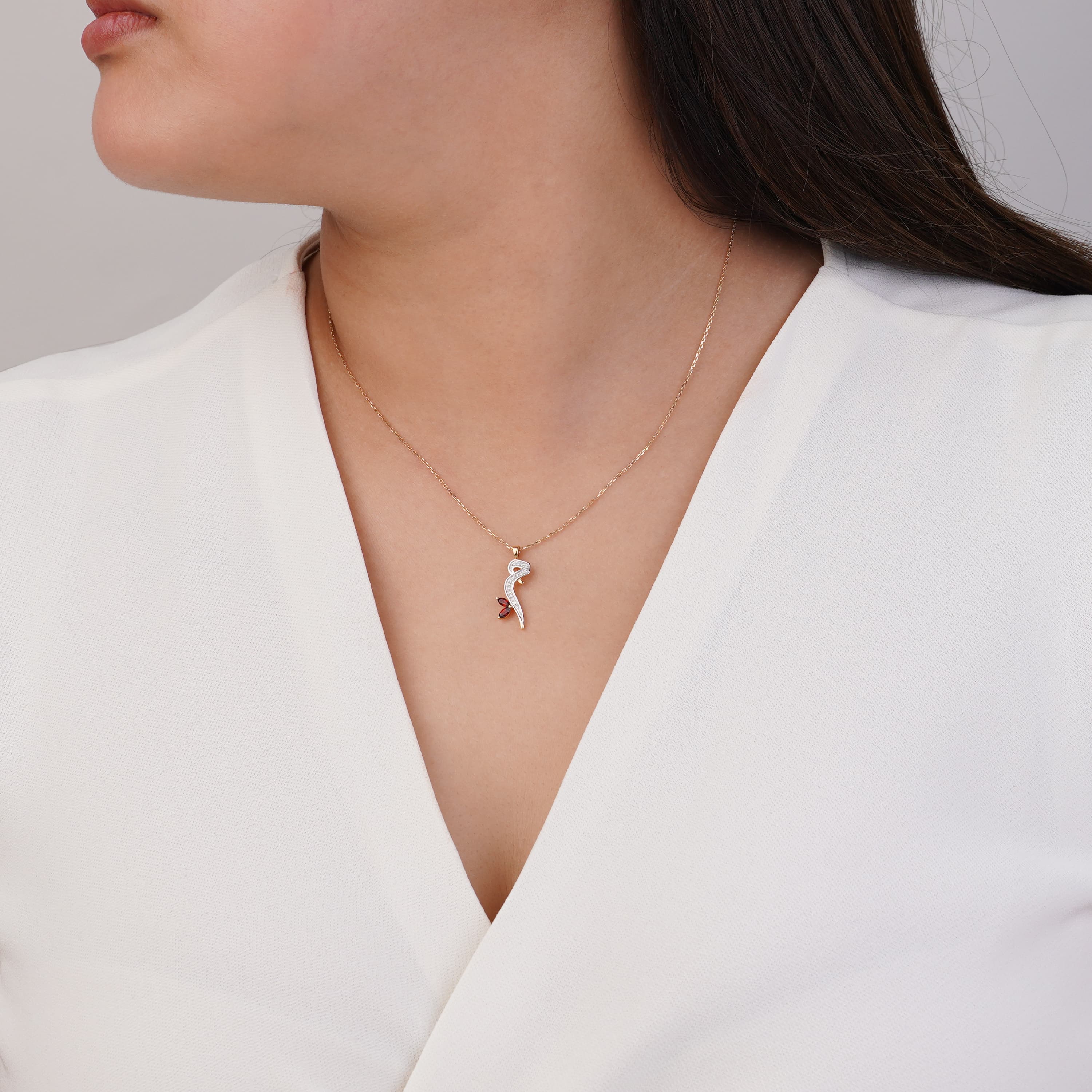 18K Yellow Gold 'Meem' Arabic Letter Necklace with Natural Diamonds & Garnet | Horoufi Diamond Collection - Image 2