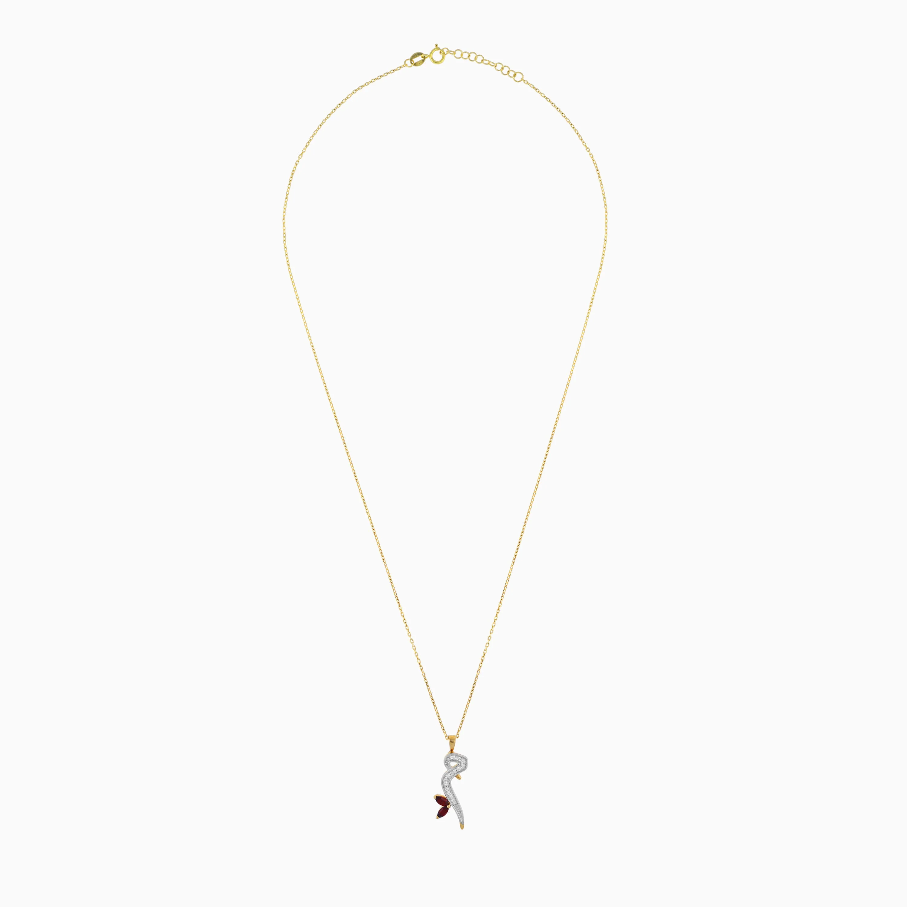 18K Yellow Gold 'Meem' Arabic Letter Necklace with Natural Diamonds & Garnet | Horoufi Diamond Collection - Image 3