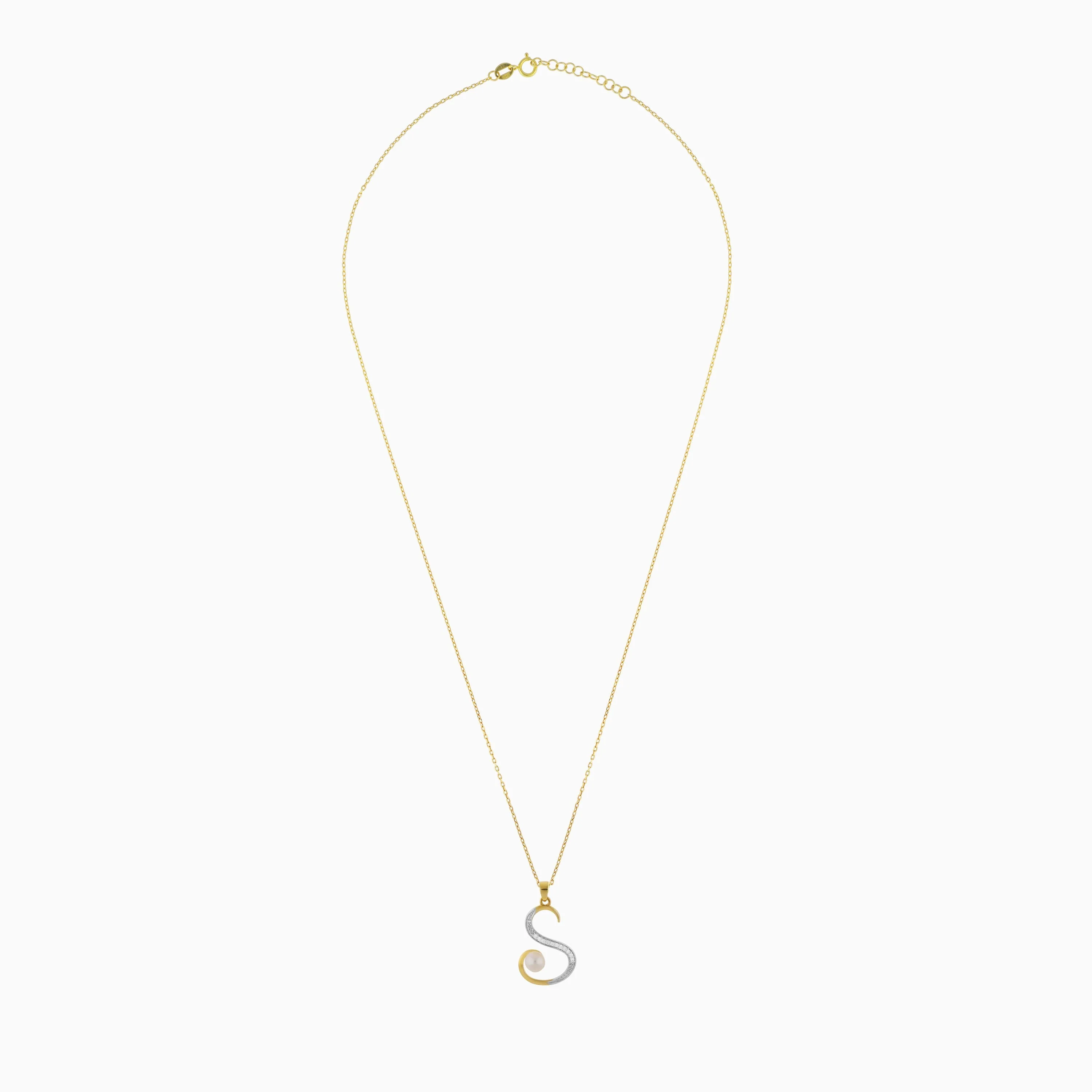 18k Yellow Gold 'S' Letter Necklace With Natural Diamond & Pearl | Alpha Collection - Image 3