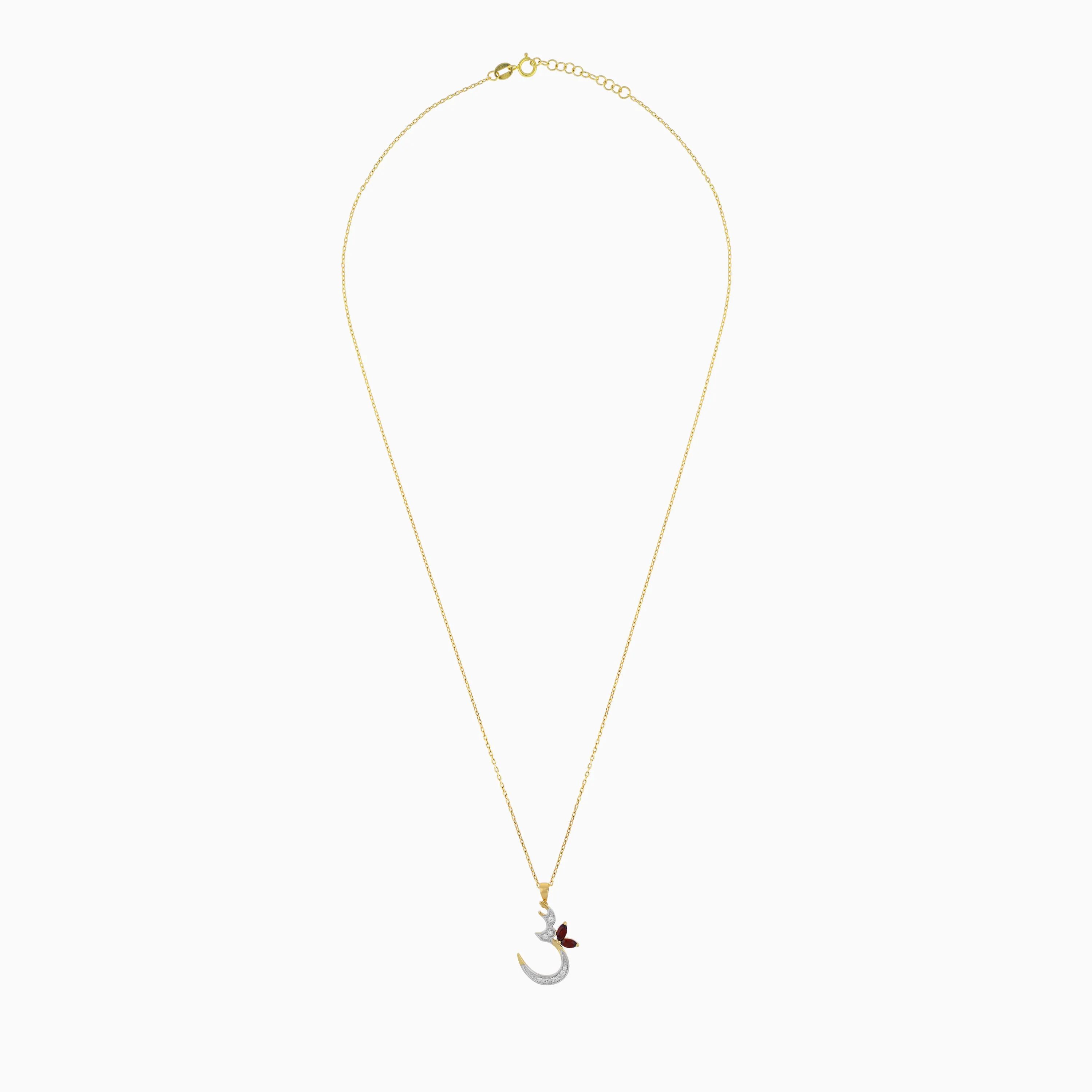 18k Yellow Gold 'Seen' Arabic Letter Necklace with Natural Diamonds & Garnet | Horoufi Diamond Collection - Image 3