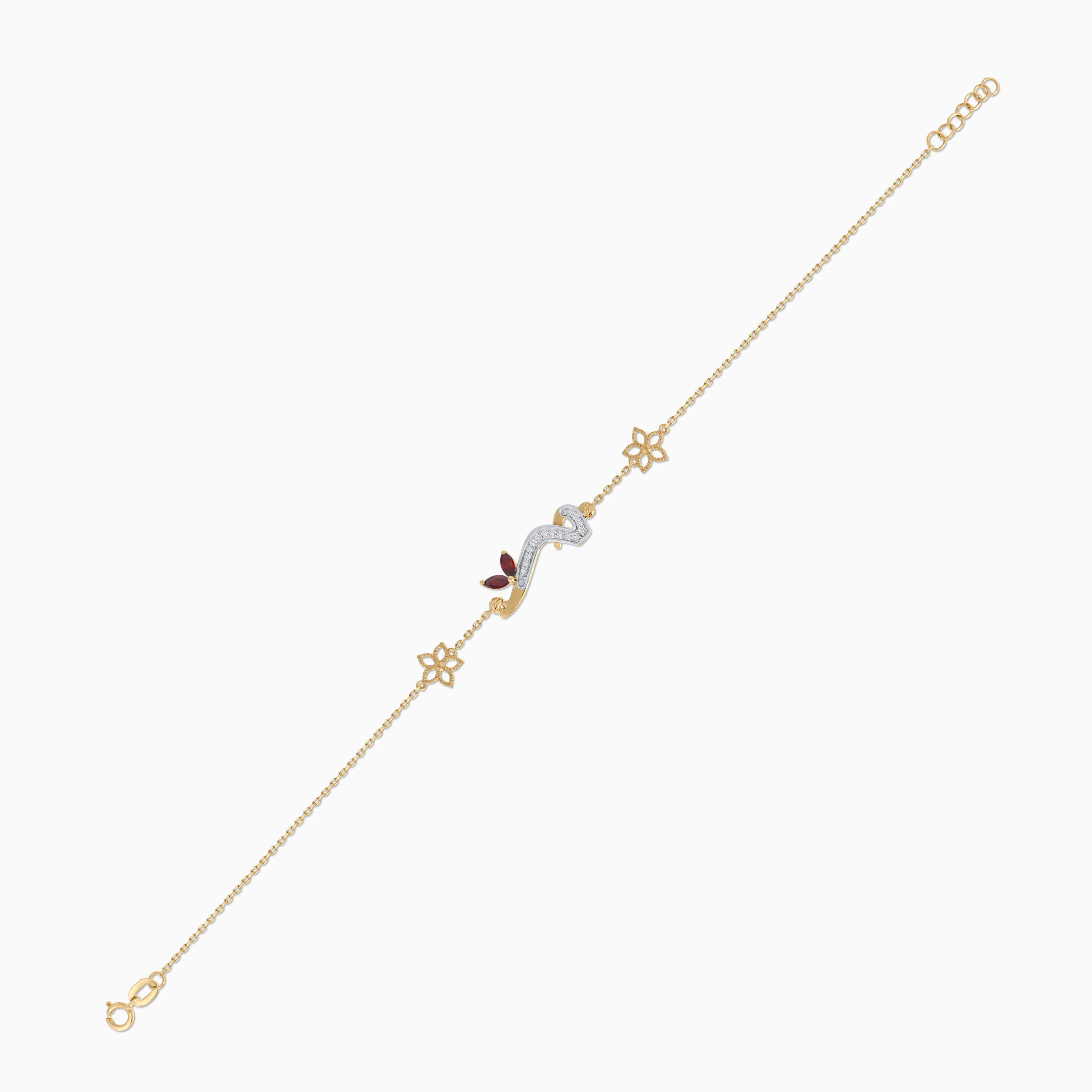 Arabic Meem Bracelet in 18K Gold with Natural Diamonds & Garnet | Horoufi Diamond Collection - Image 4