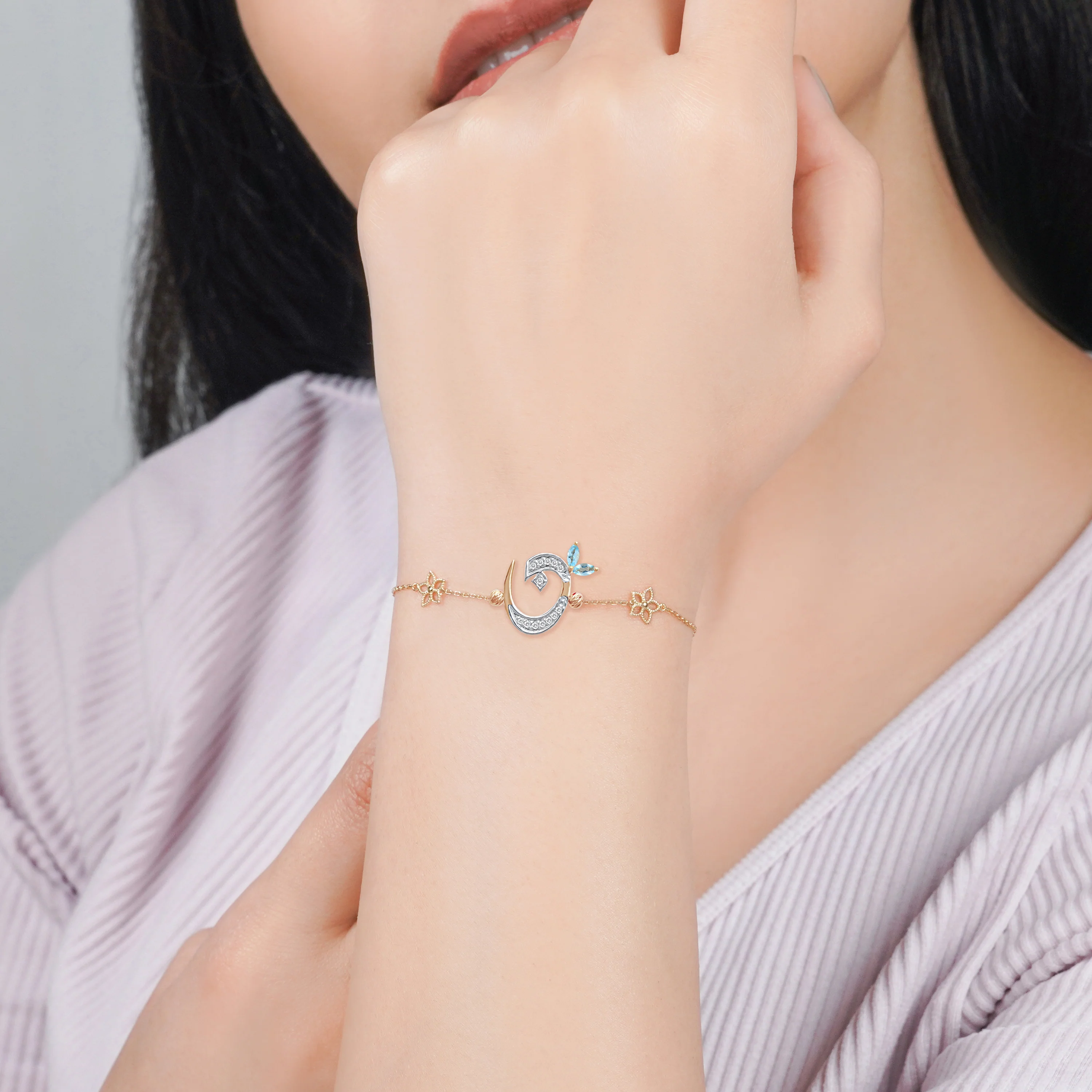 Arabic 'Noon' Bracelet in 18k Yellow Gold with Natural Diamonds & Blue Topaz | Horoufi Diamond Collection - Image 2
