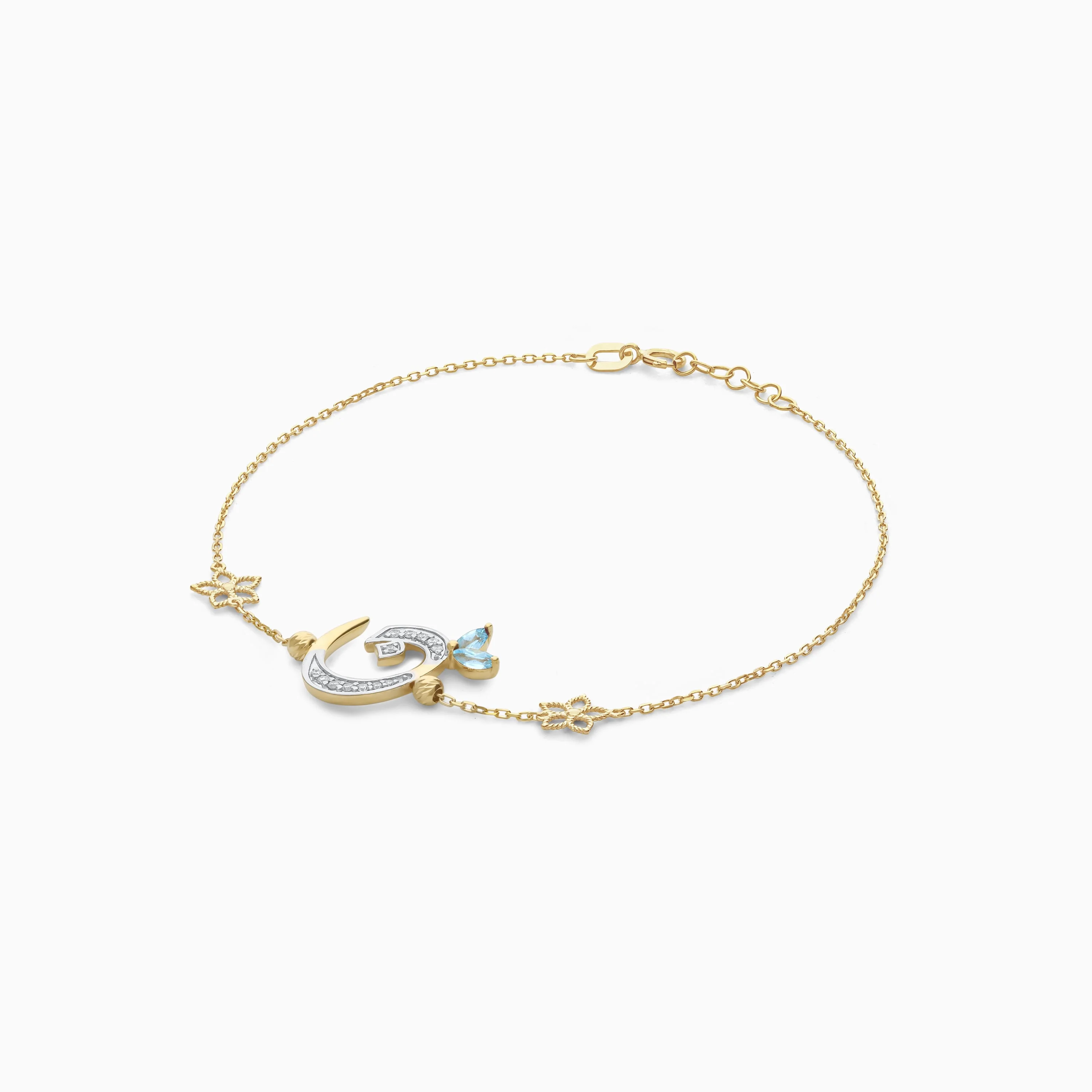 Arabic 'Noon' Bracelet in 18k Yellow Gold with Natural Diamonds & Blue Topaz | Horoufi Diamond Collection - Image 3