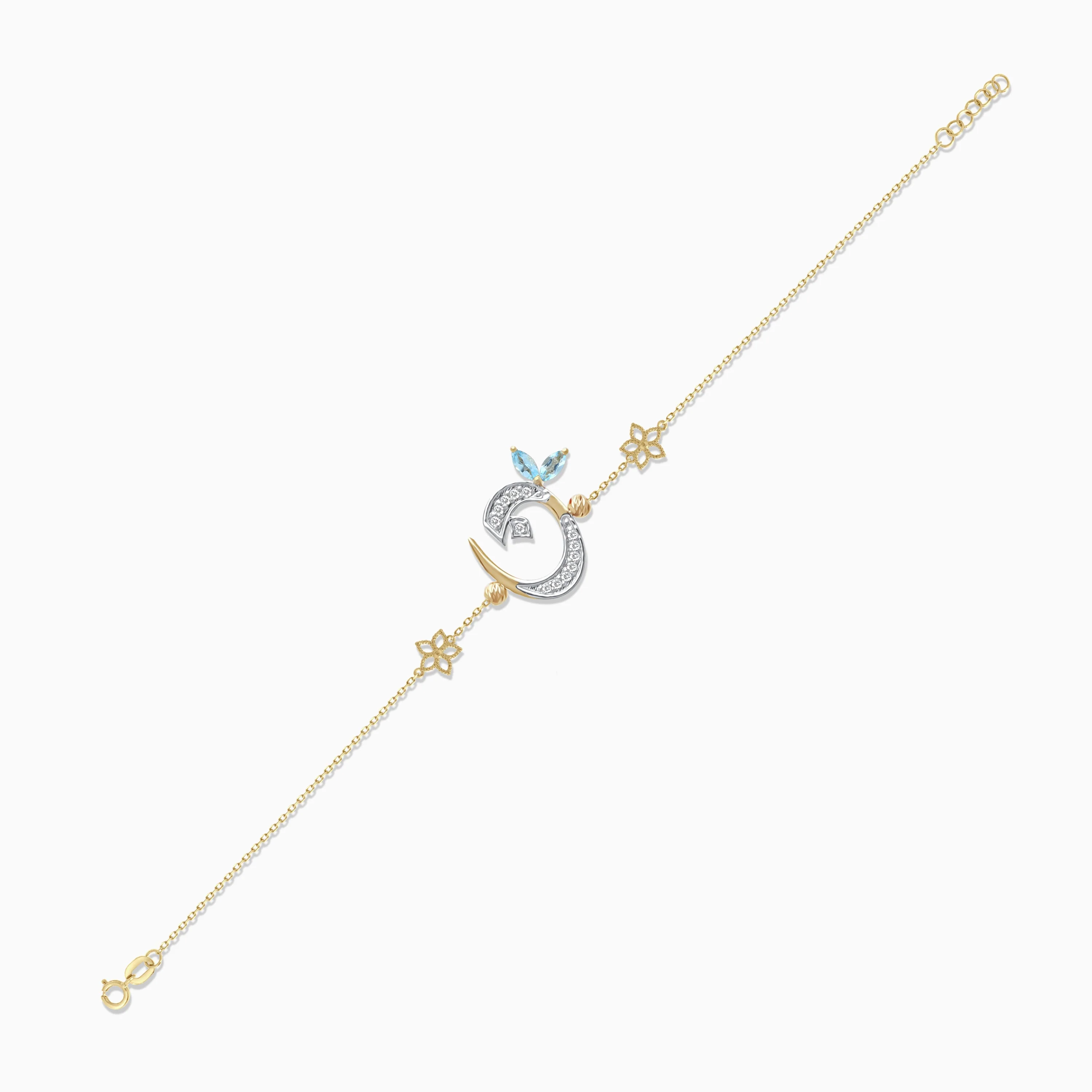 Arabic 'Noon' Bracelet in 18k Yellow Gold with Natural Diamonds & Blue Topaz | Horoufi Diamond Collection - Image 4
