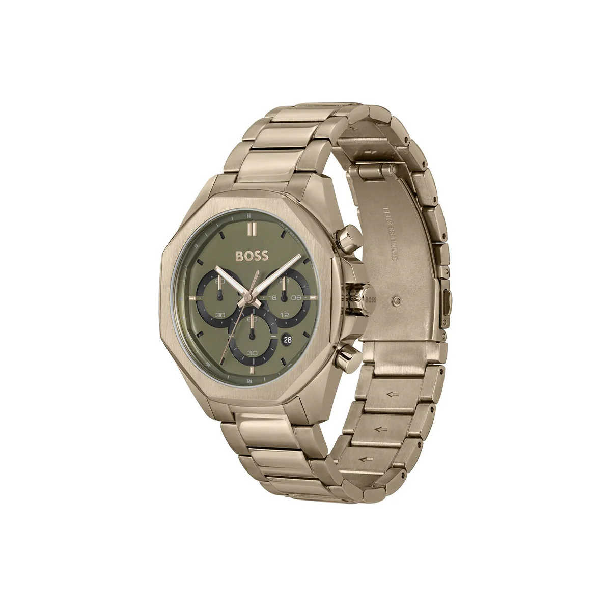 Boss Watch Quartz Movement In A Round Case With Beige Stainless Steel Bracelet And Green Dial - Image 3