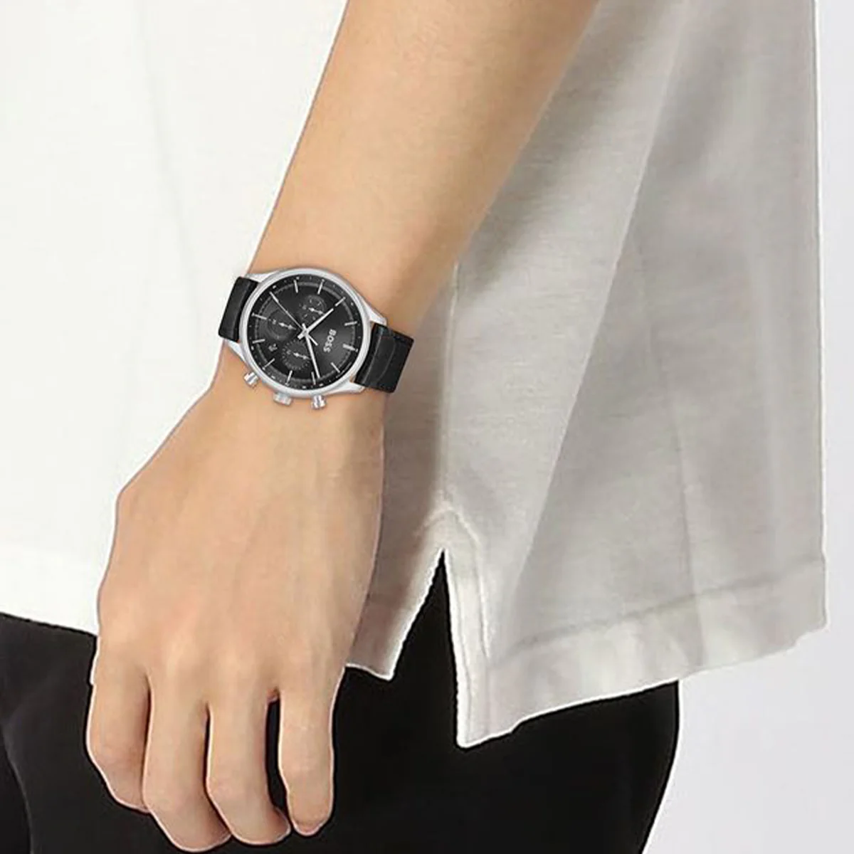 Boss Watch Quartz Movement In A Round Case With Black Leather Strap And Black Dial - Image 2