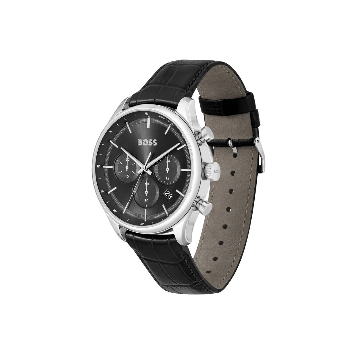 Boss Watch Quartz Movement In A Round Case With Black Leather Strap And Black Dial - Image 3