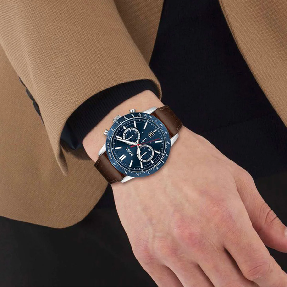 Boss Watch Quartz movement in a Round case with Brown Leather Strap and Blue Dial - Image 2