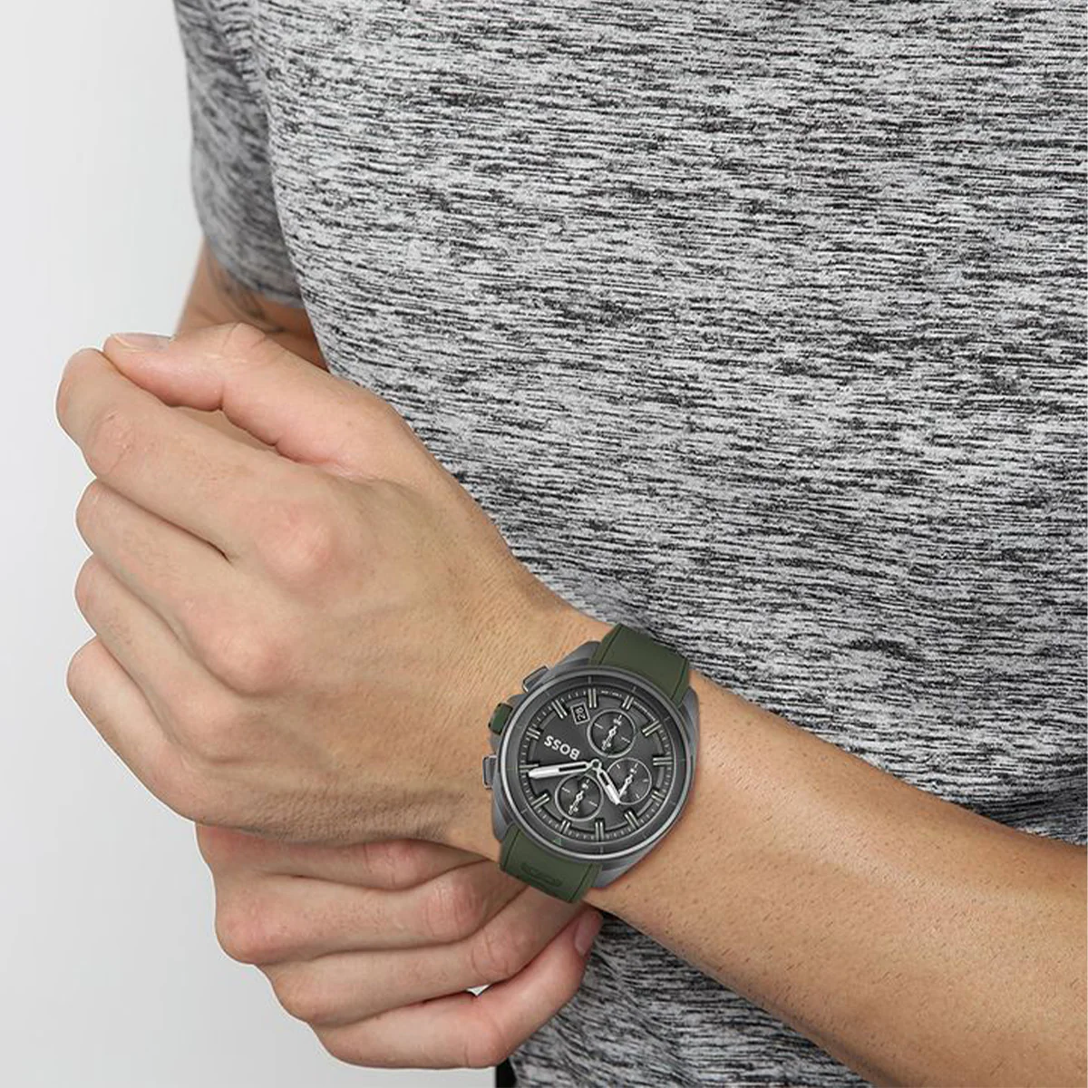 Boss Watch Quartz movement in a Round case with Green Silicone Strap and Grey Dial - Image 2