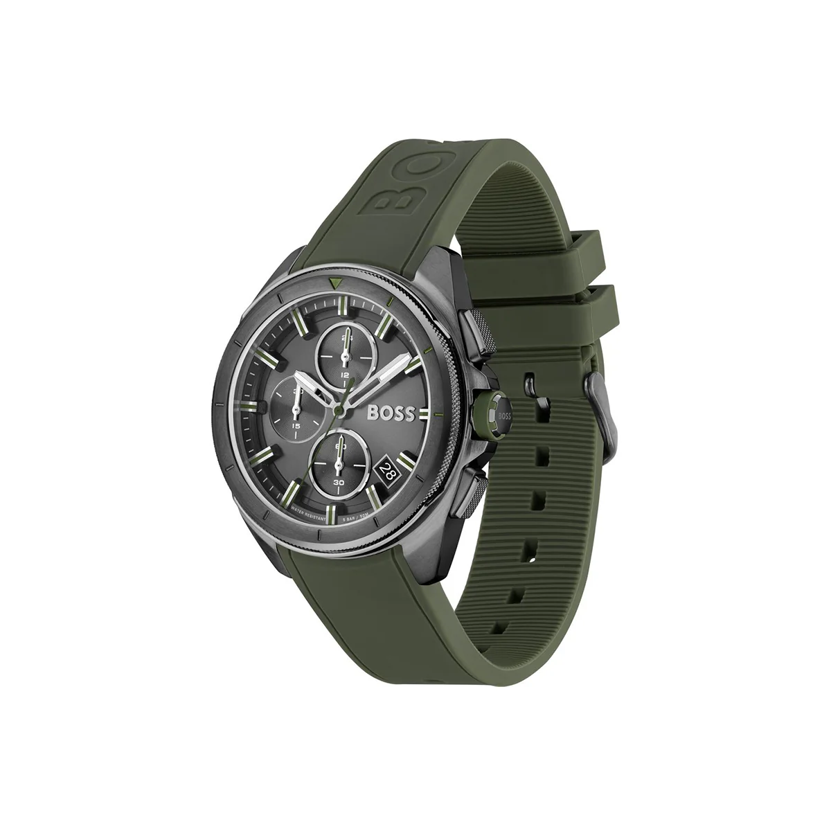 Boss Watch Quartz movement in a Round case with Green Silicone Strap and Grey Dial - Image 3