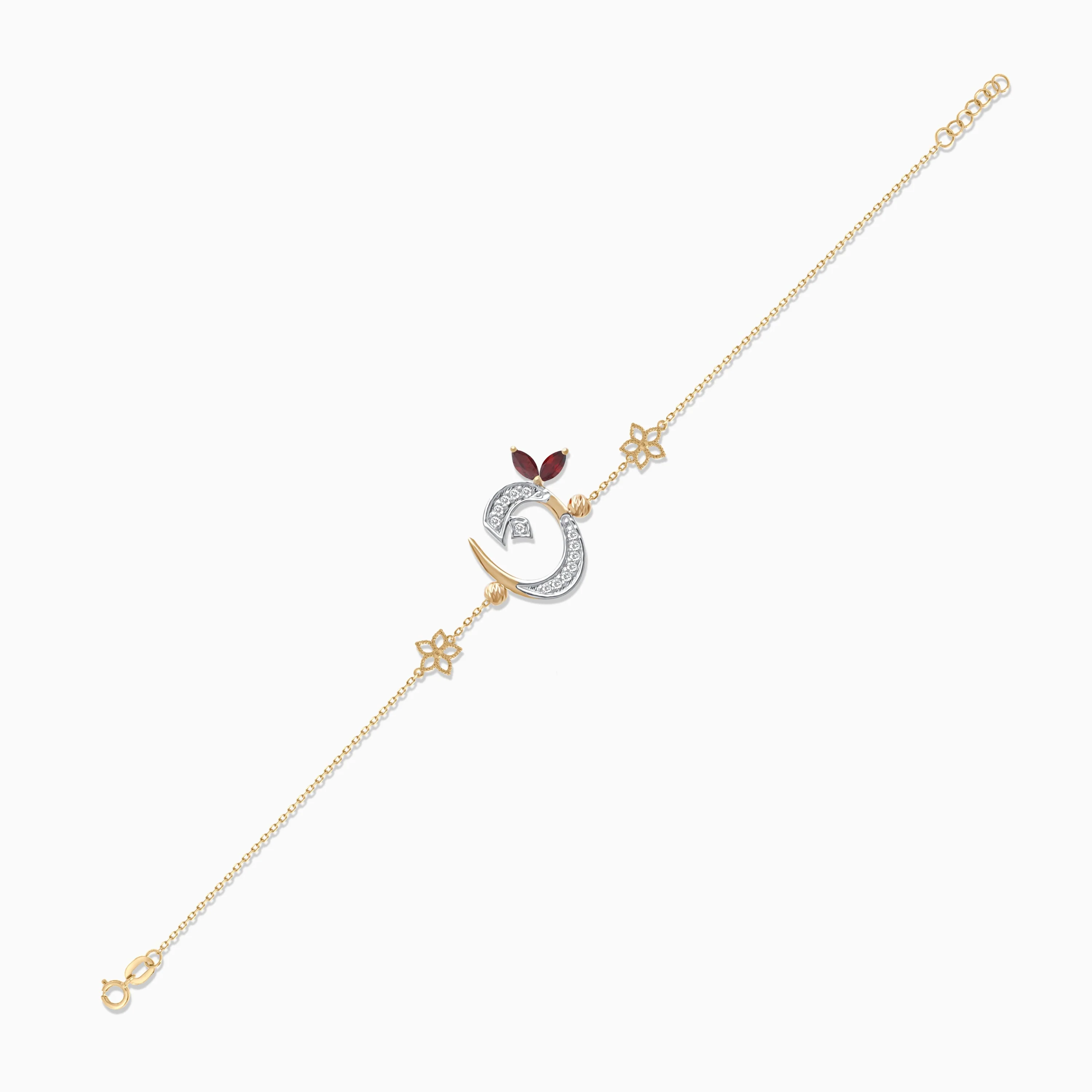 18K Gold Bracelet with Arabic Letter ‘Noon’ & Red Garnet | Horoufi Diamond Collection - Image 3