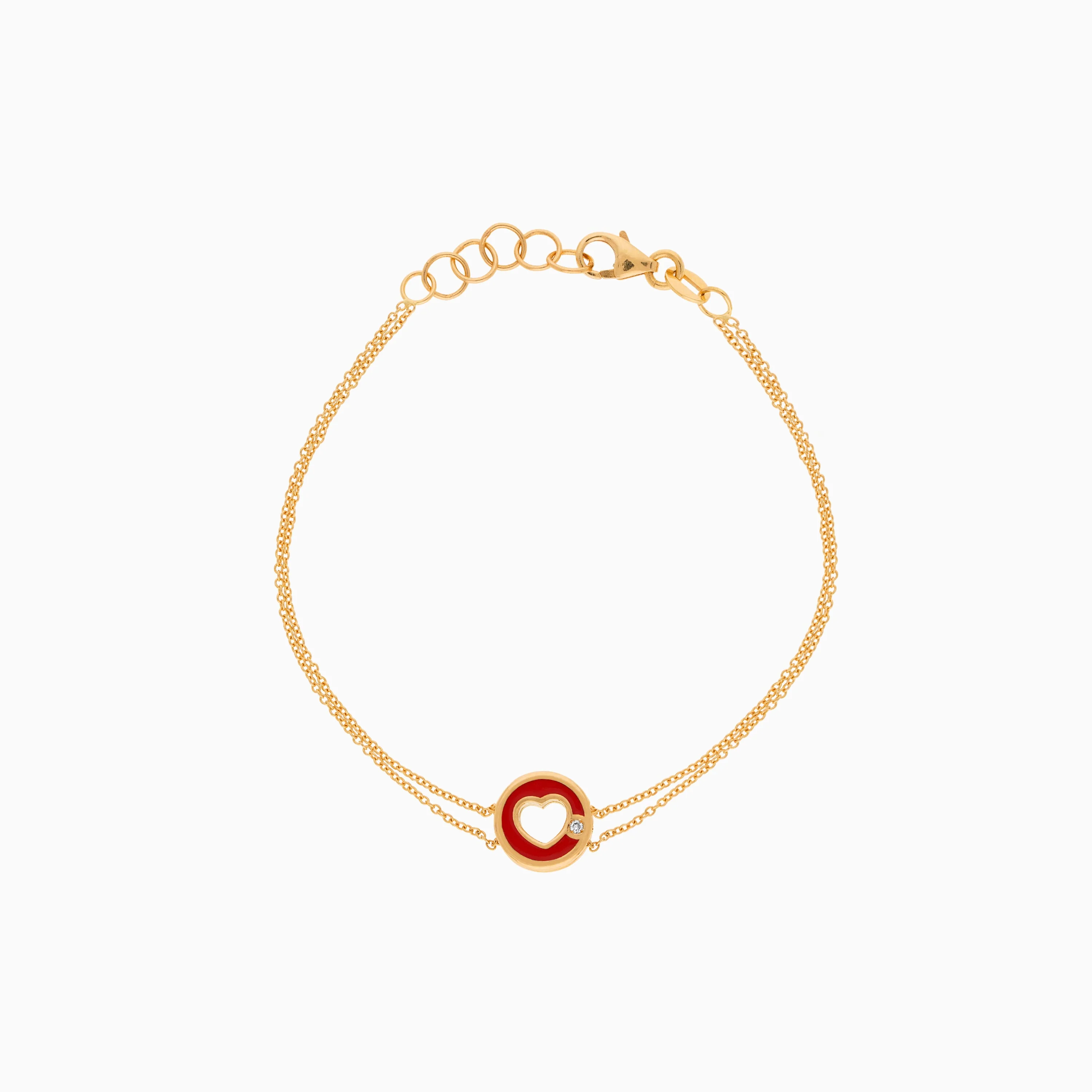 18K YELLOW GOLD BRACELET HEART SHAPE DECORATED BY NATURAL DIAMOND STONES AND RED ENAMEL FOR KIDS - Image 2