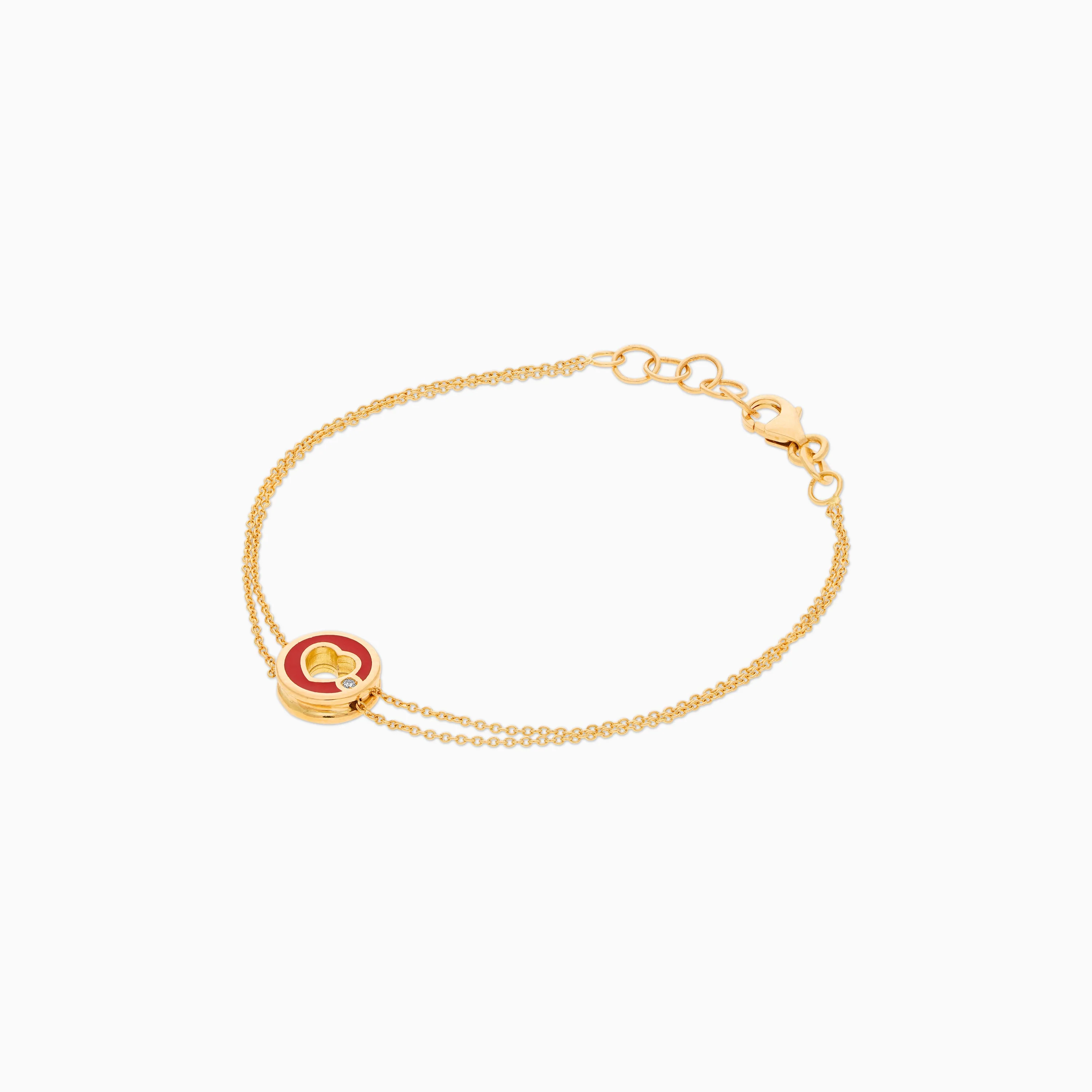 18K YELLOW GOLD BRACELET HEART SHAPE DECORATED BY NATURAL DIAMOND STONES AND RED ENAMEL FOR KIDS - Image 3
