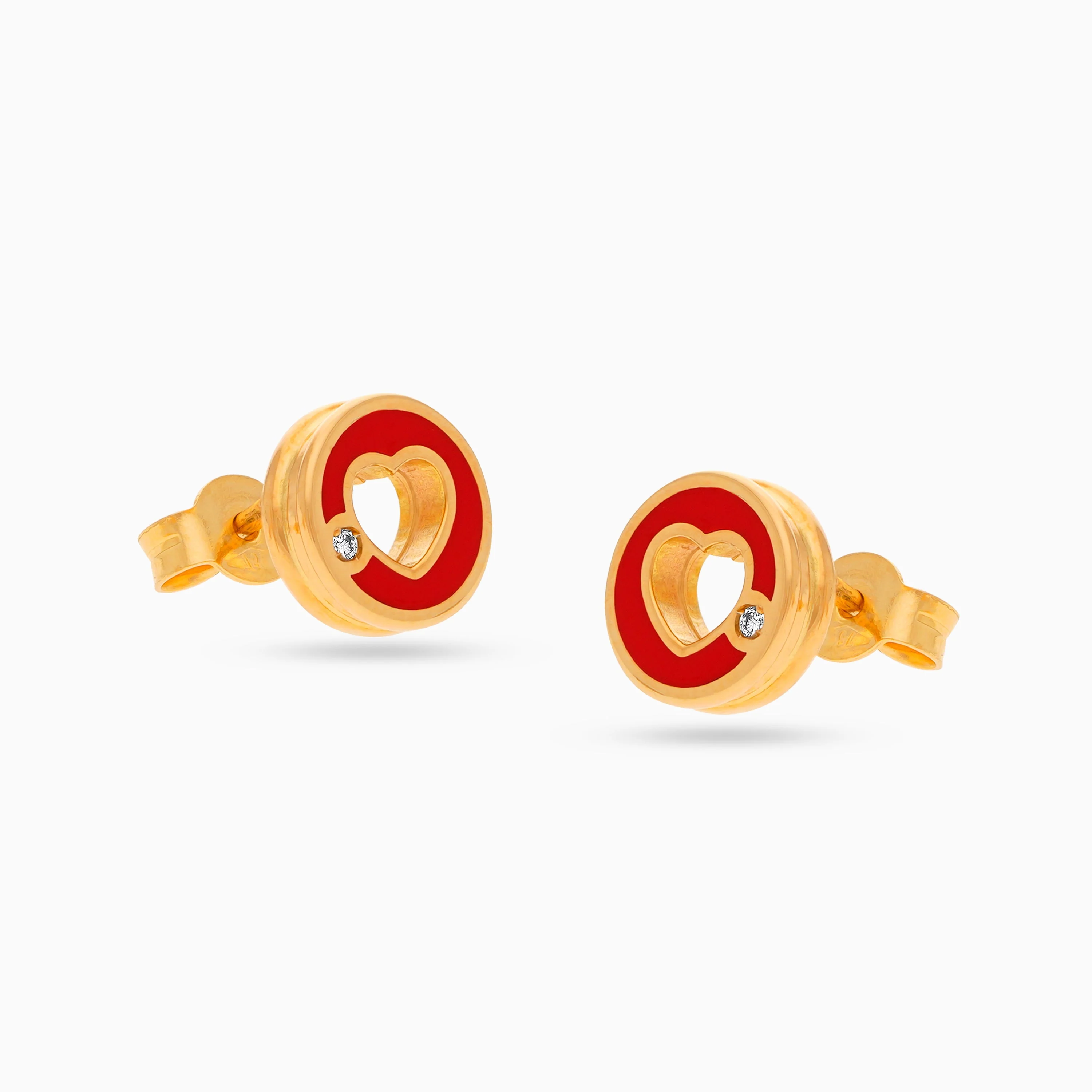 18K Yellow Gold Heart-Shaped Kids' Earrings with Natural Diamonds and Red Enamel – Lusi Collection - Image 2