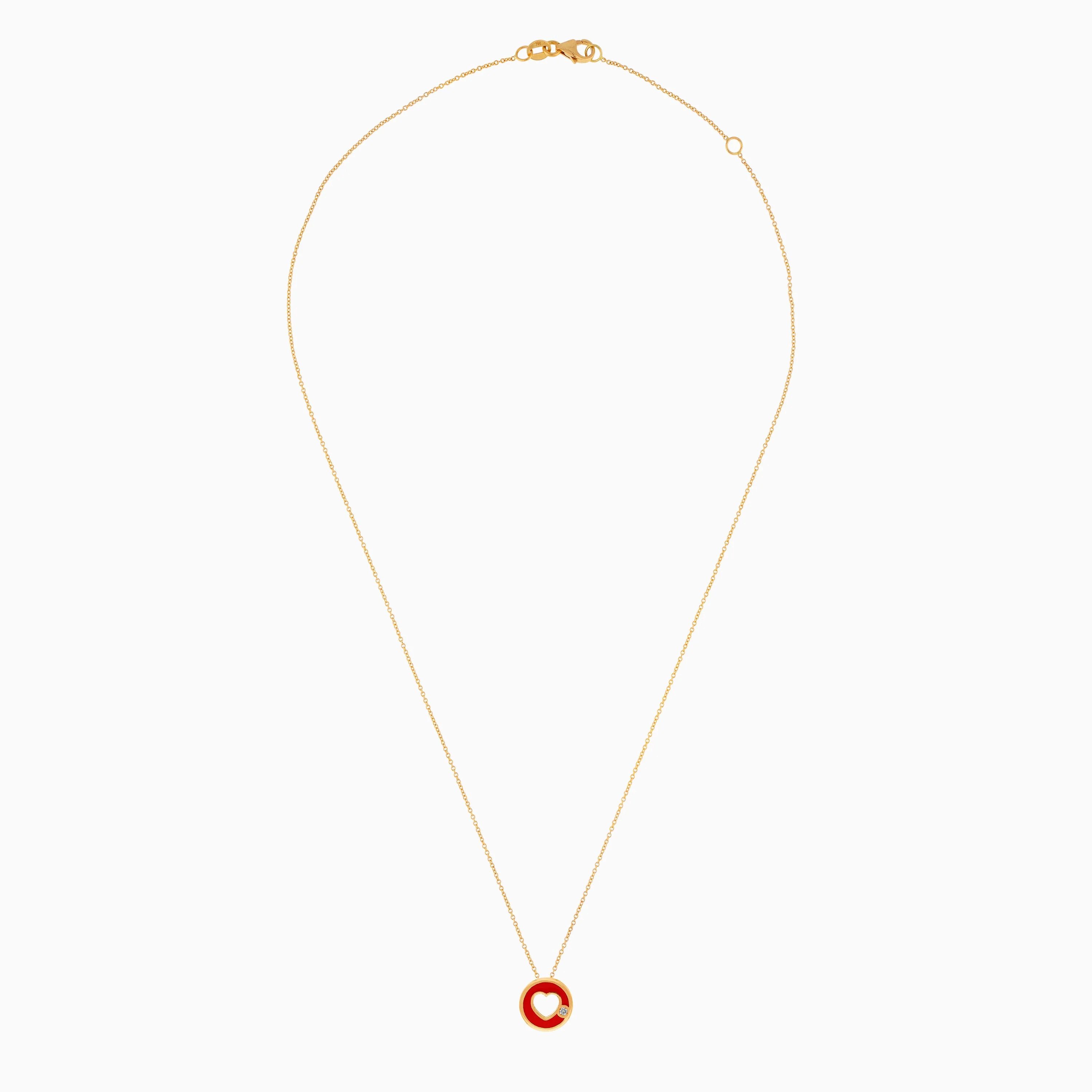 18K YELLOW GOLD NECKLACE HEART SHAPE DECORATED BY NATURAL DIAMOND STONES AND RED ENAMEL FOR KIDS - Image 2