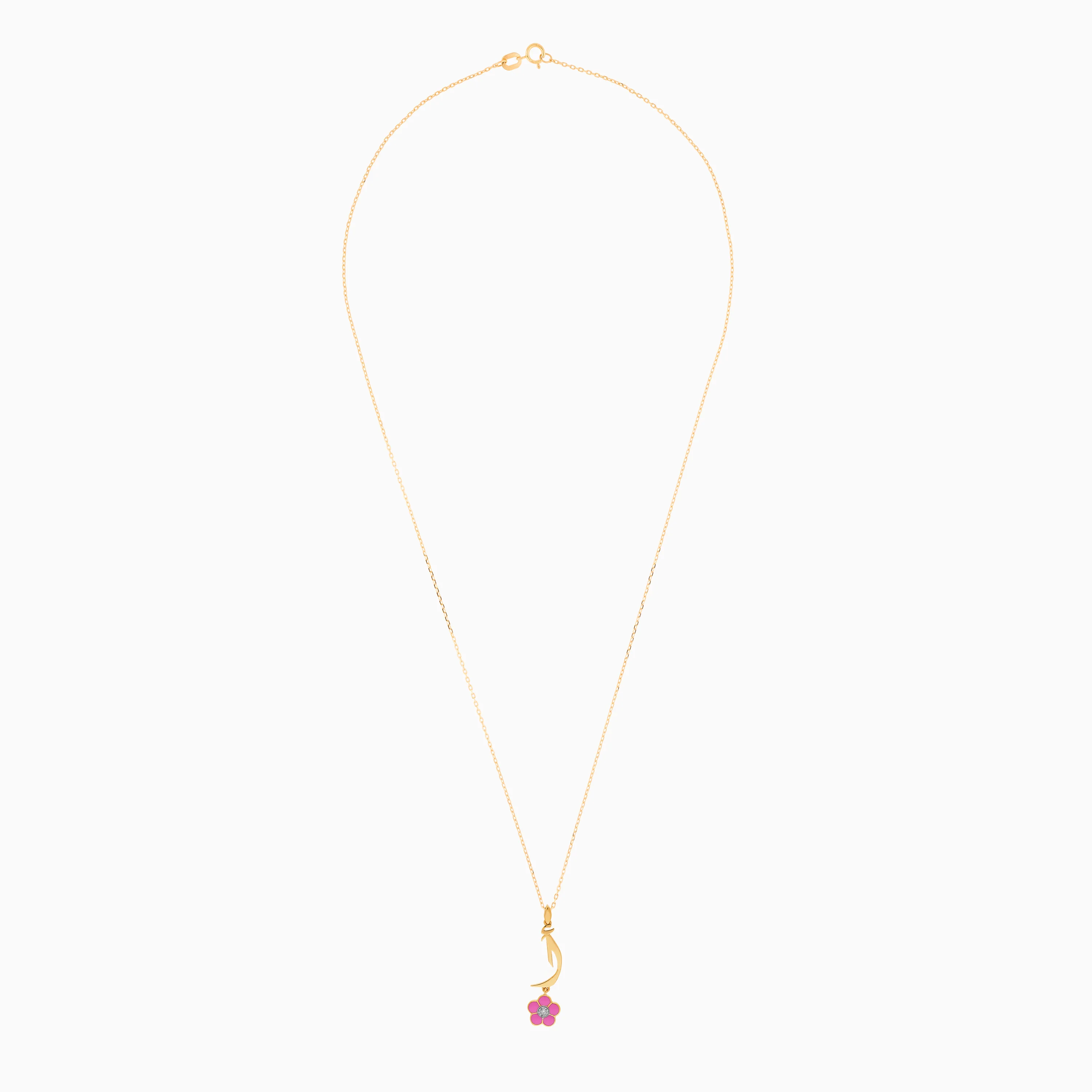 18K Yellow Gold Kids Necklace with Letter 'ALIF' & Pink Flower Diamond – Horoufi Kids Collection - Image 2