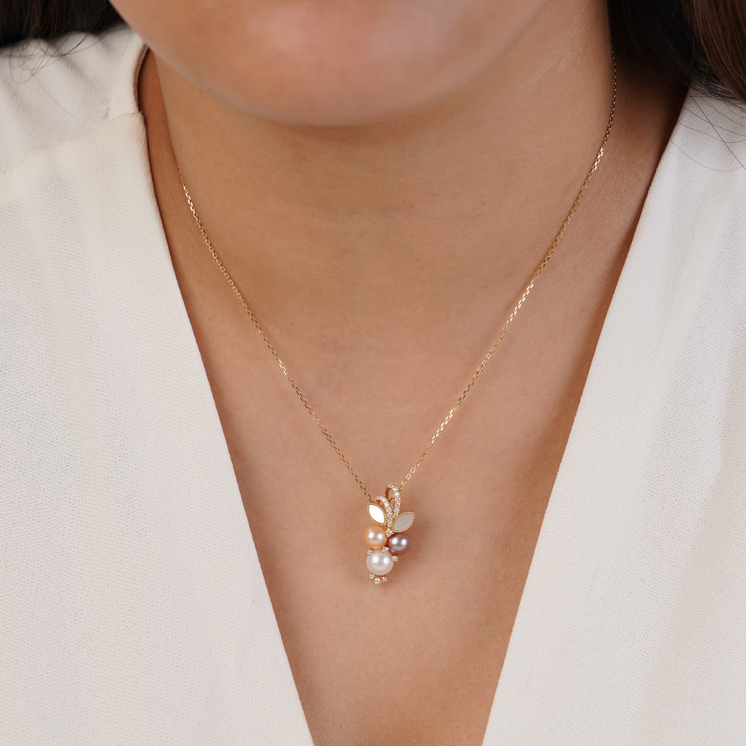 18k Yellow Gold Necklace with Natural Diamonds, Pearls and Mother of Pearl | Danah Diamond Collection - Image 2