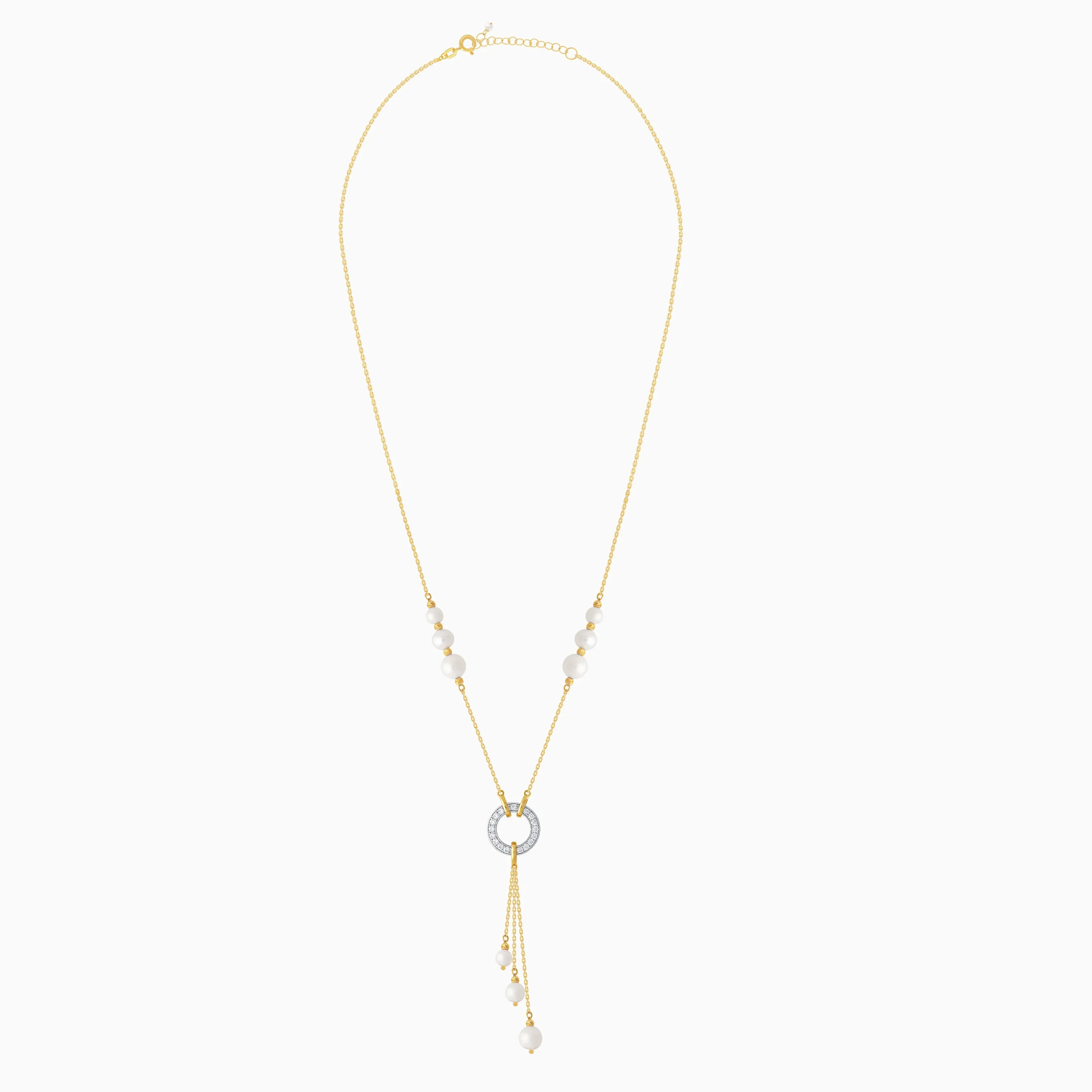 Elegant Pearls and Zircon Dangle Necklace in 18k Yellow Gold | Danah Collection - Image 2