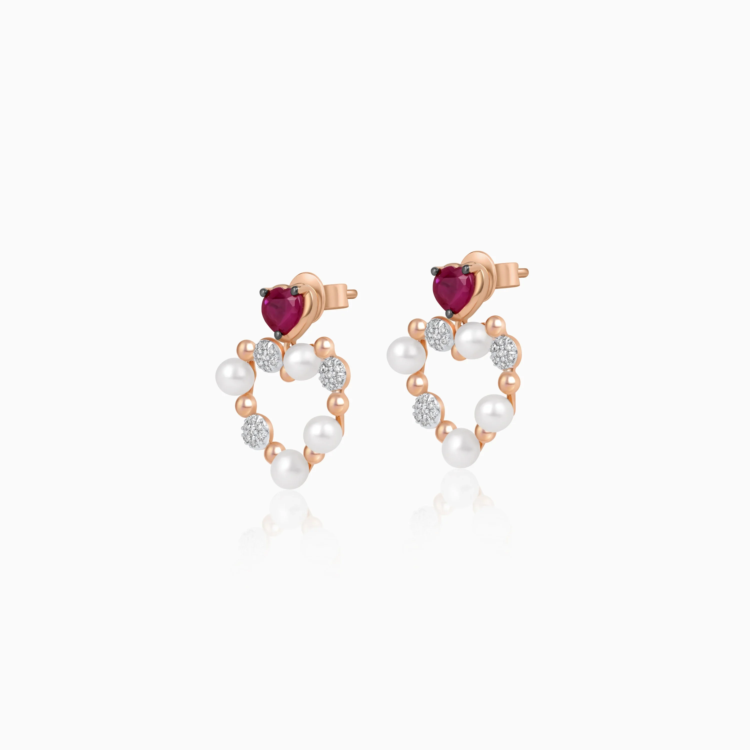 18k Rose Gold Heart-shaped earrings decorated with Pearl & Natural Diamond and Ruby | Danah Collection - Image 2