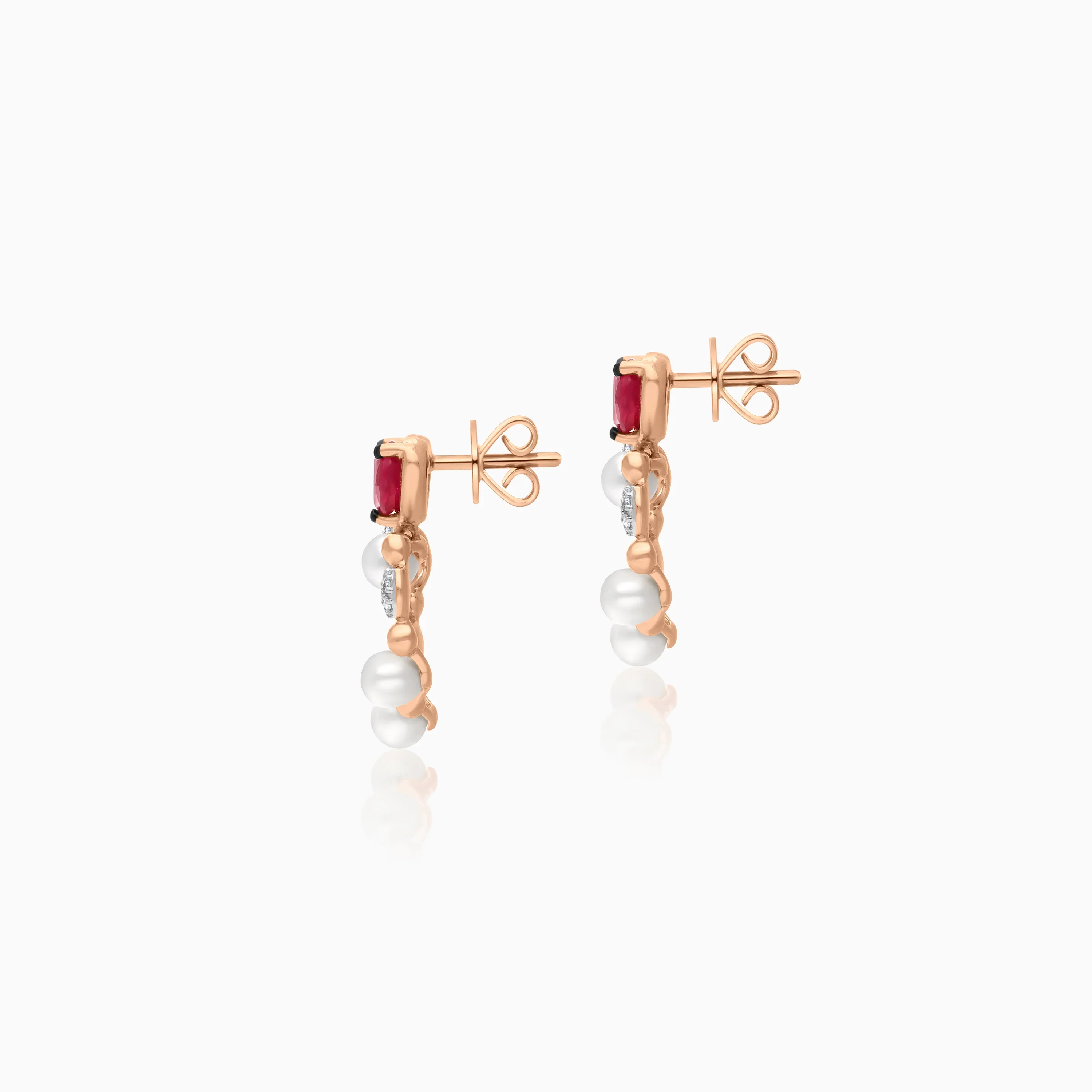 18k Rose Gold Heart-shaped earrings decorated with Pearl & Natural Diamond and Ruby | Danah Collection - Image 3