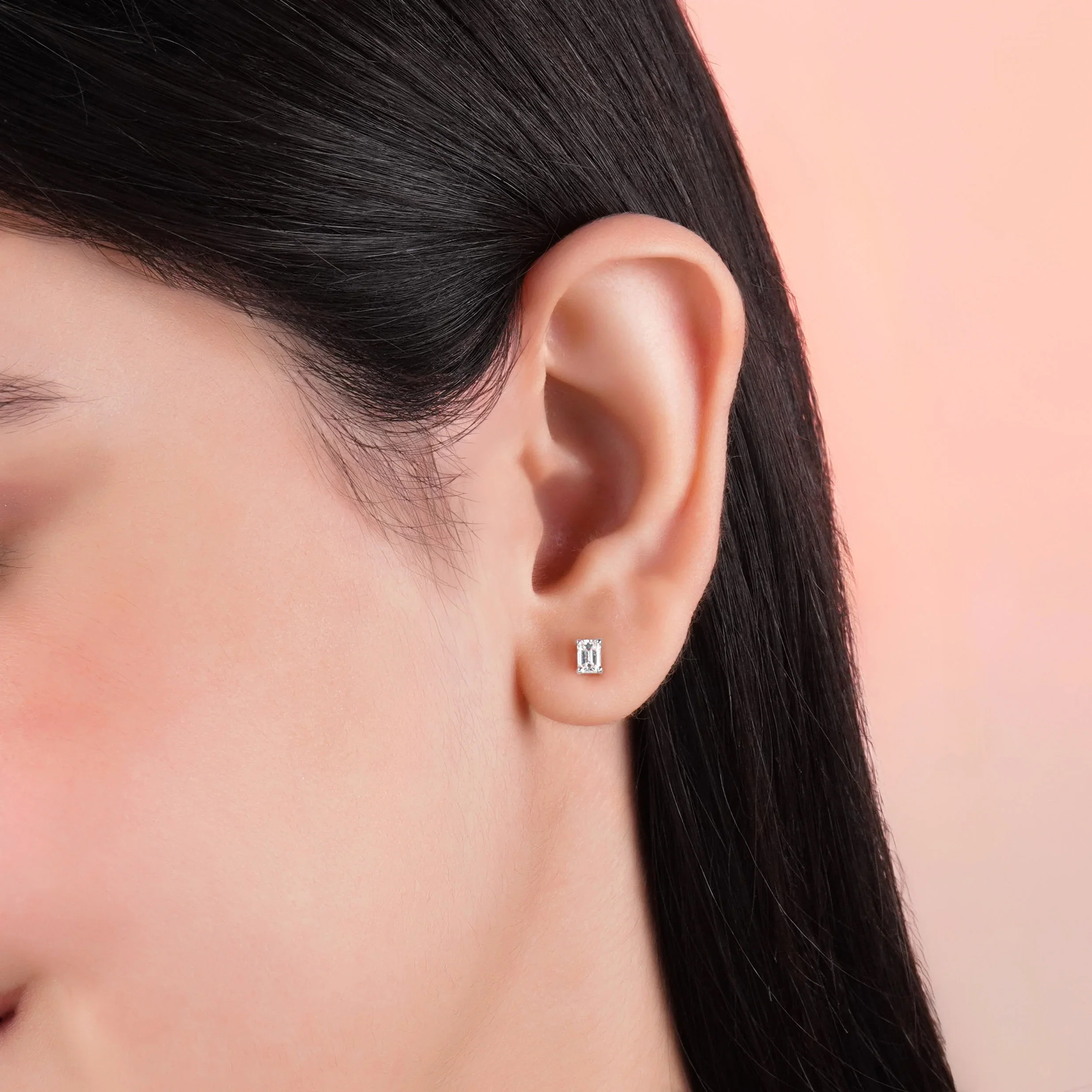 18K White Gold Rectangle-Shaped Diamond Earrings | Solitaire Collection - Image 2