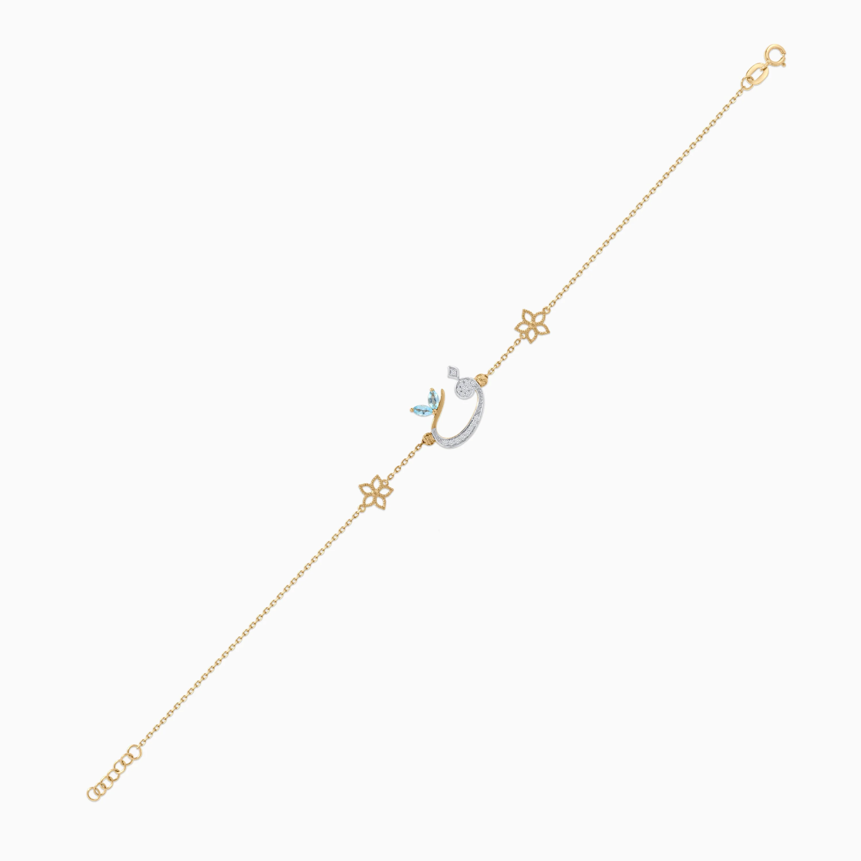 Horofee 18K Yellow Gold 'Faa' Arabic Letter Bracelet with Diamonds & Blue Topaz | Horoufi Diamond Collection - Image 4