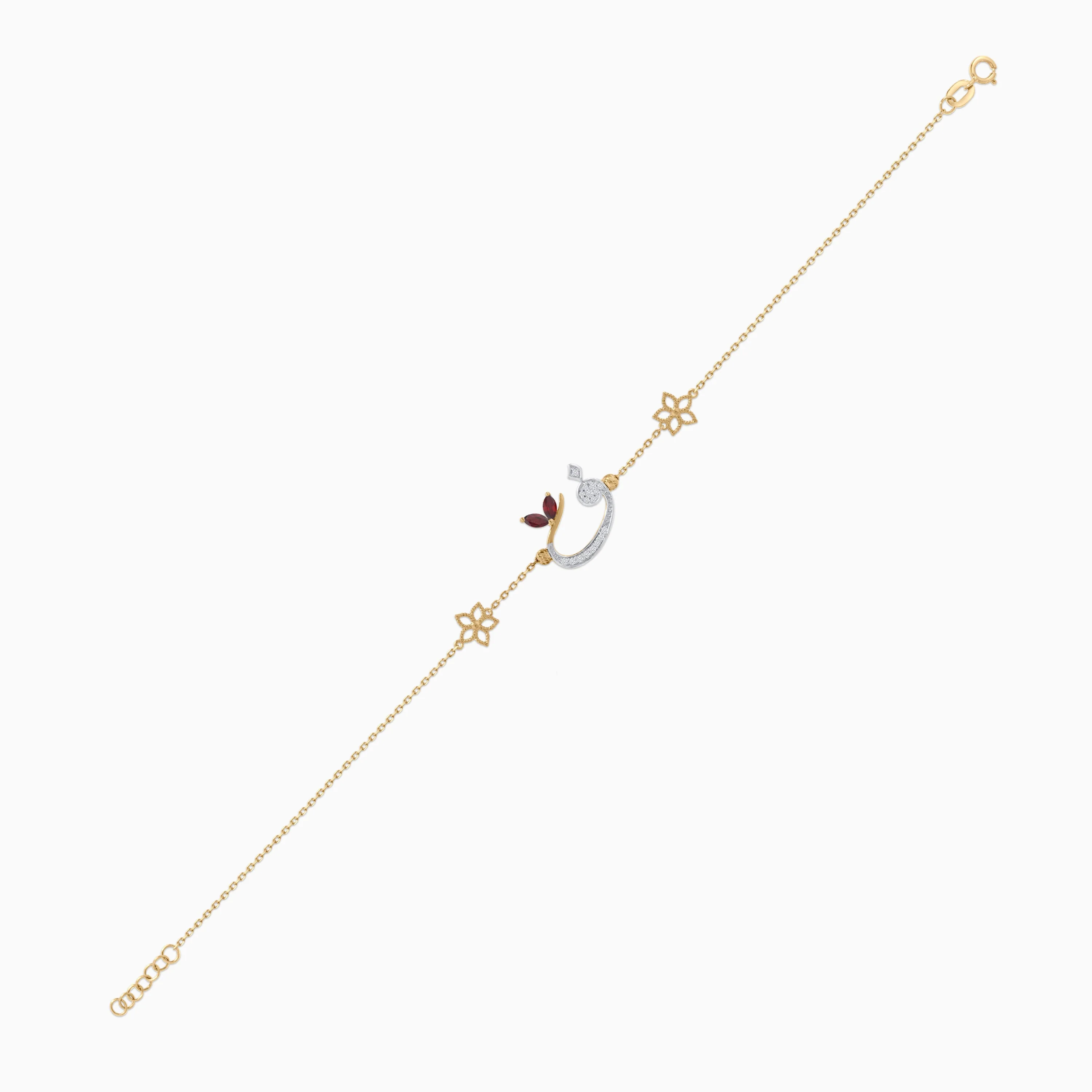 18K Yellow Gold Arabic Letter 'Faa' Bracelet with Natural Diamonds & Garnet | Horoufi Diamond Collection - Image 3