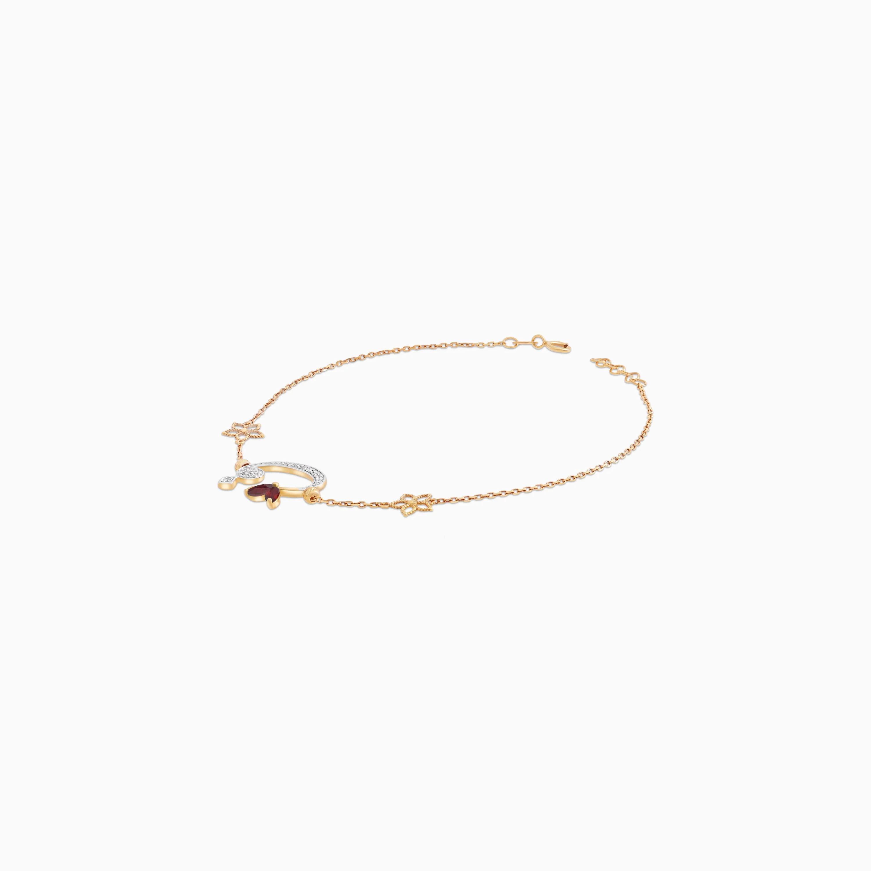 18K Yellow Gold Arabic Letter 'Faa' Bracelet with Natural Diamonds & Garnet | Horoufi Diamond Collection - Image 4