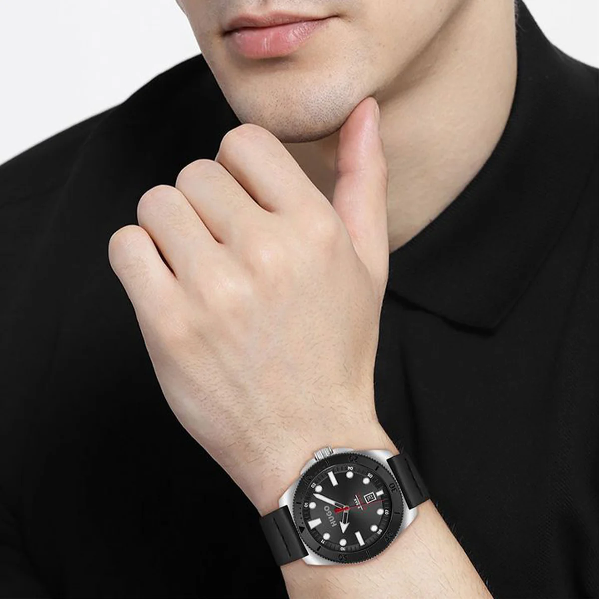 Hugo Watch Quartz movement in a Round case with Black Leather Strap and Black Dial - Image 2
