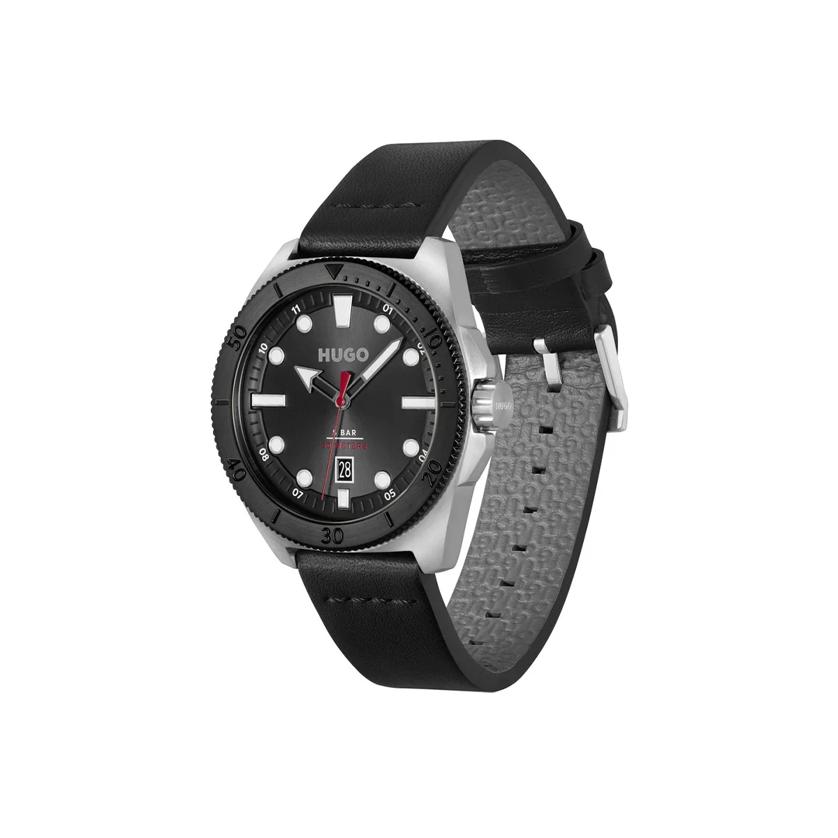Hugo Watch Quartz movement in a Round case with Black Leather Strap and Black Dial - Image 3