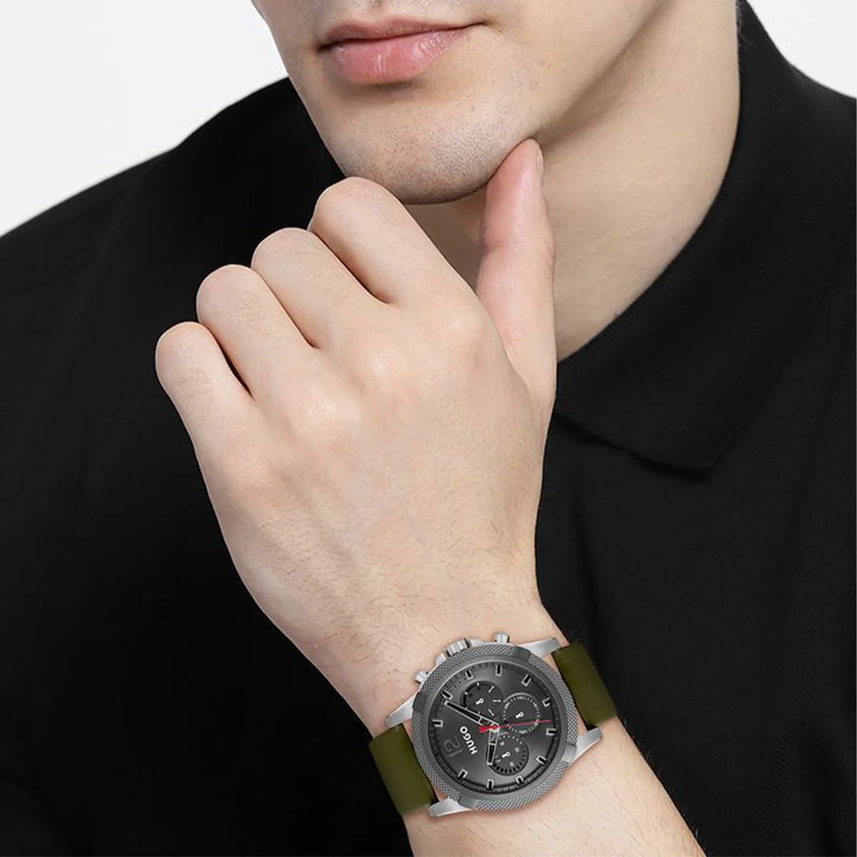Hugo Watch Quartz movement in a Round case with Green Leather Strap and Grey Dial - Image 2