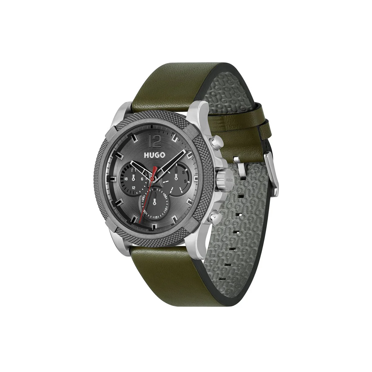 Hugo Watch Quartz movement in a Round case with Green Leather Strap and Grey Dial - Image 3