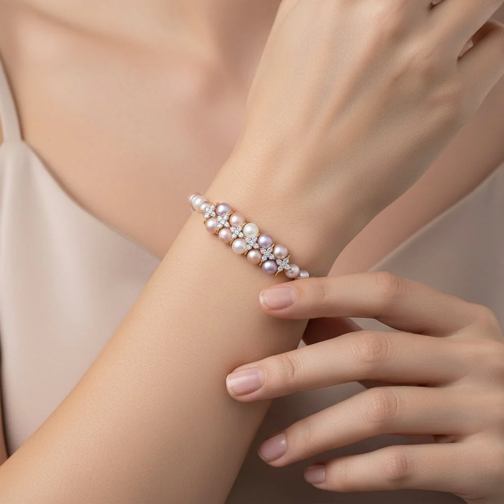 Multi-color pearls and natural diamonds Bracelet with 18k yellow gold | Danah Diamond collection - Image 4