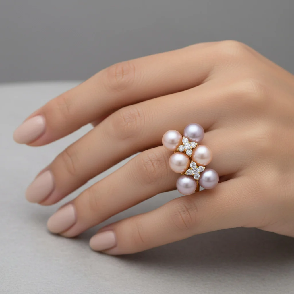 Multi-color pearls and natural diamonds Ring in 18k yellow gold | danah diamond collection - Image 2