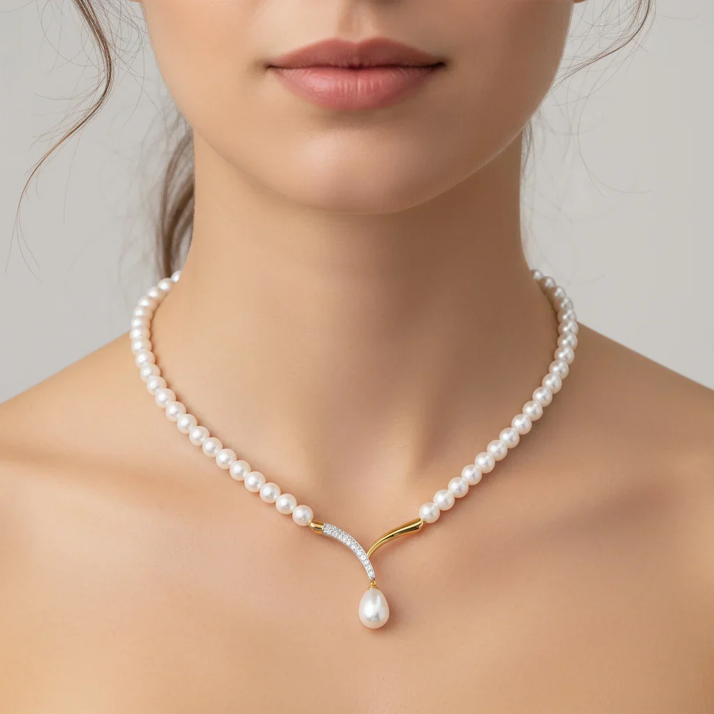 18k Yellow Gold Pearl Necklace with Natural Diamonds | Danah Diamond Collection - Image 2