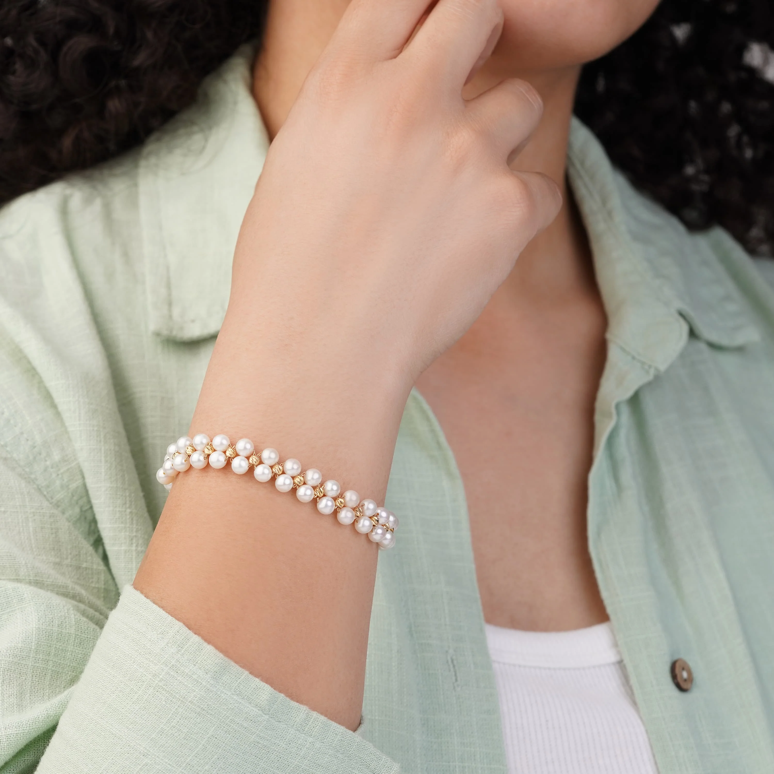 18k Yellow Gold Bracelet with Two Lines of Pearls | Danah Collection - Image 2