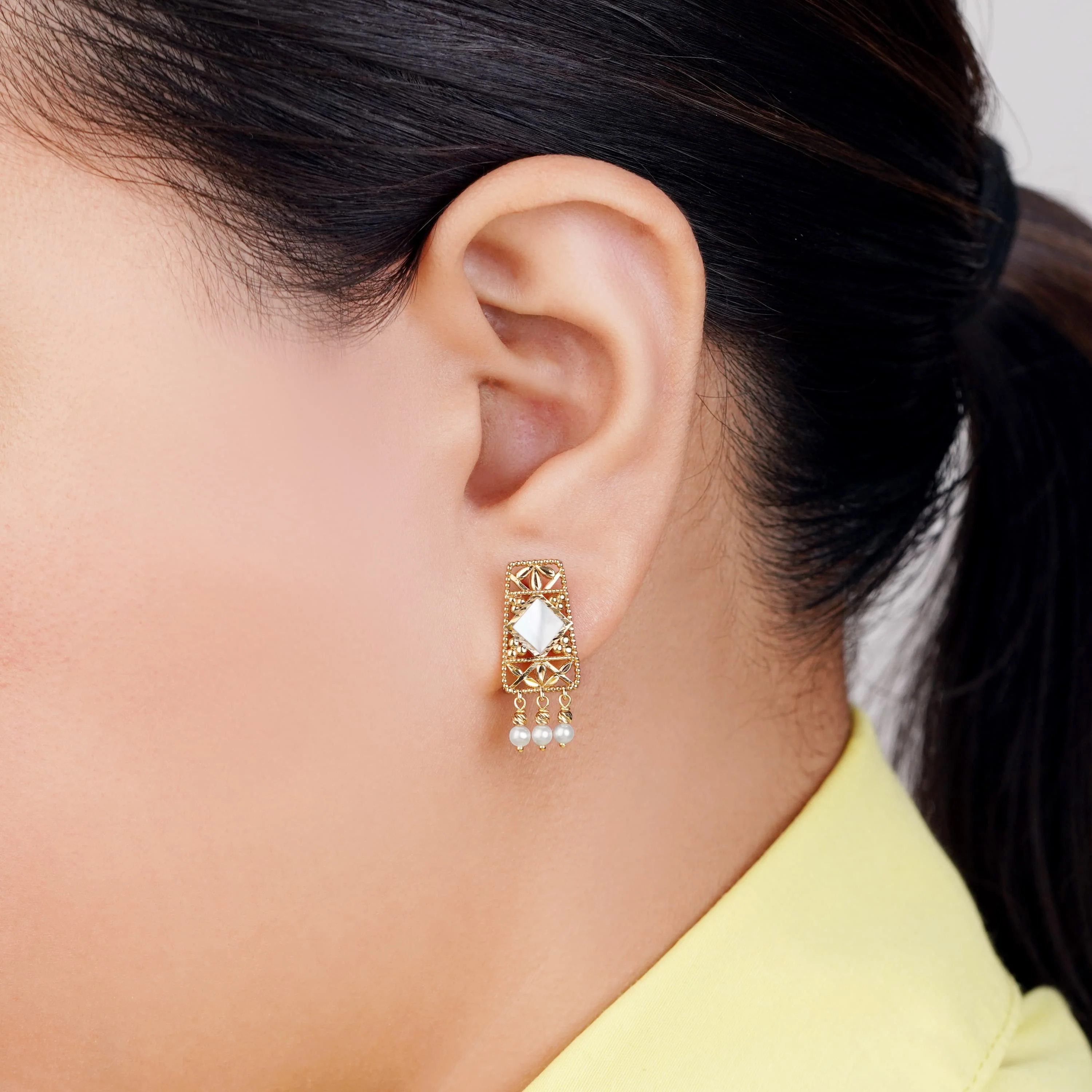 Elegant 18K Yellow Gold Earrings with Mother of Pearl & Dangling Pearls | Danah Collection - Image 2