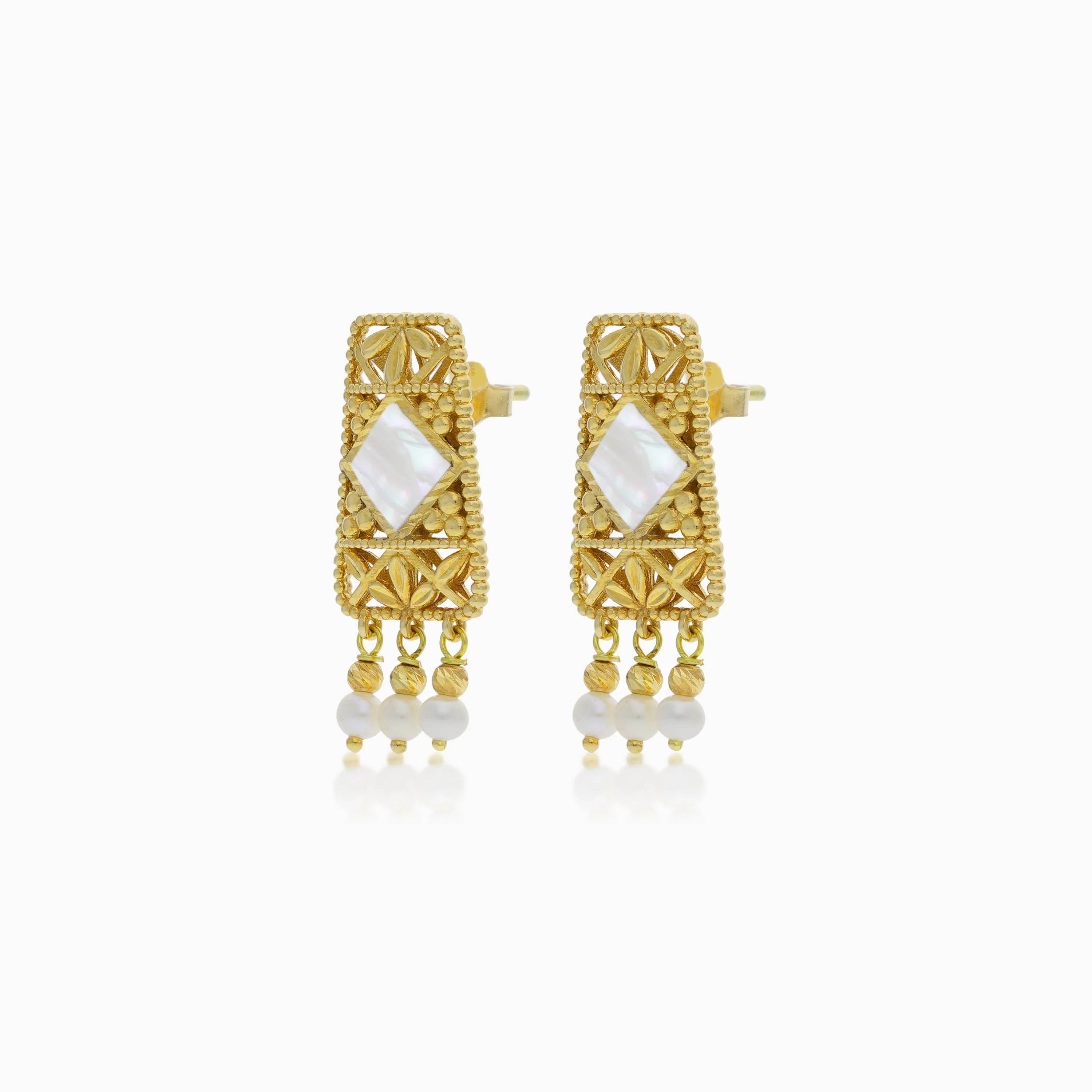 Elegant 18K Yellow Gold Earrings with Mother of Pearl & Dangling Pearls | Danah Collection - Image 3