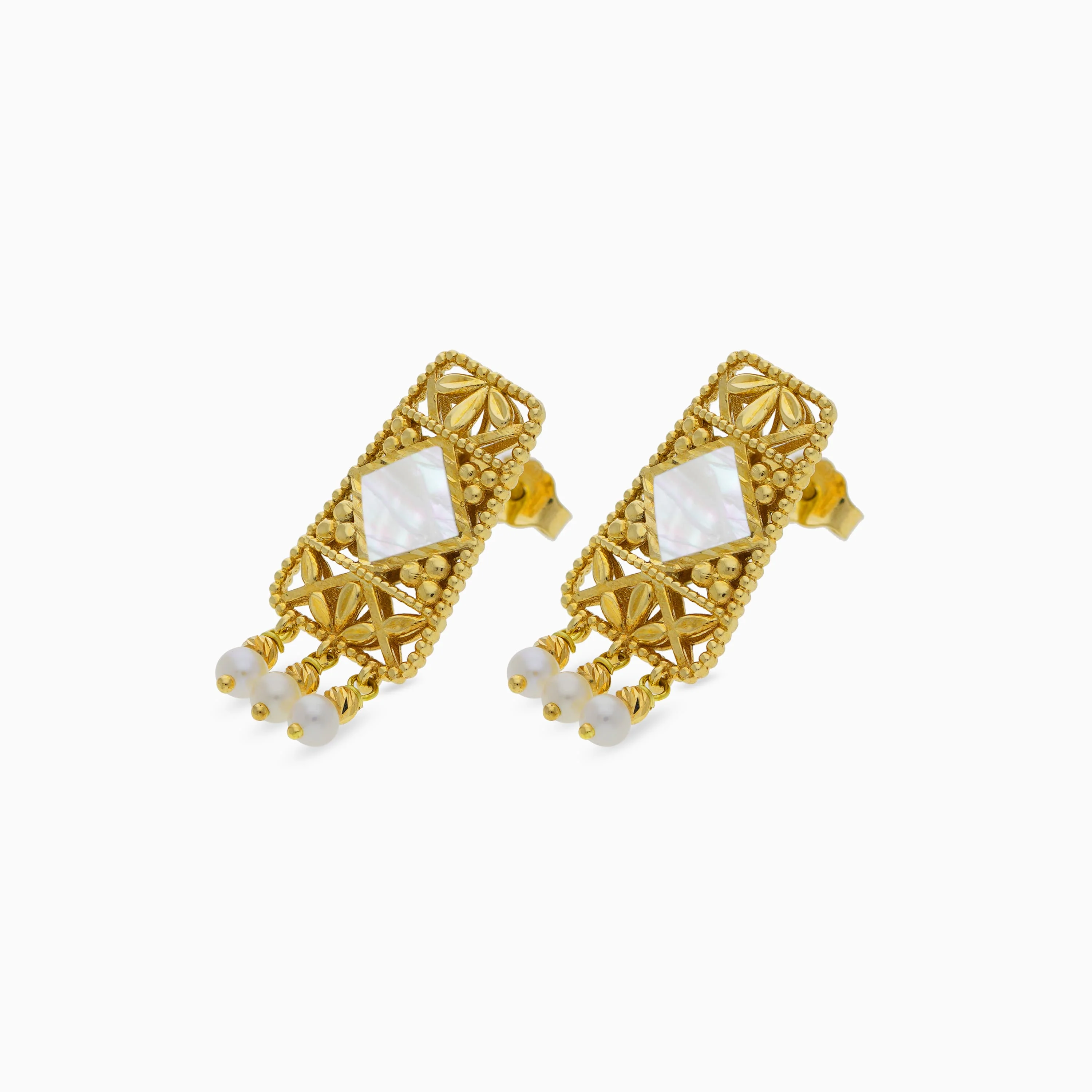 Elegant 18K Yellow Gold Earrings with Mother of Pearl & Dangling Pearls | Danah Collection - Image 4