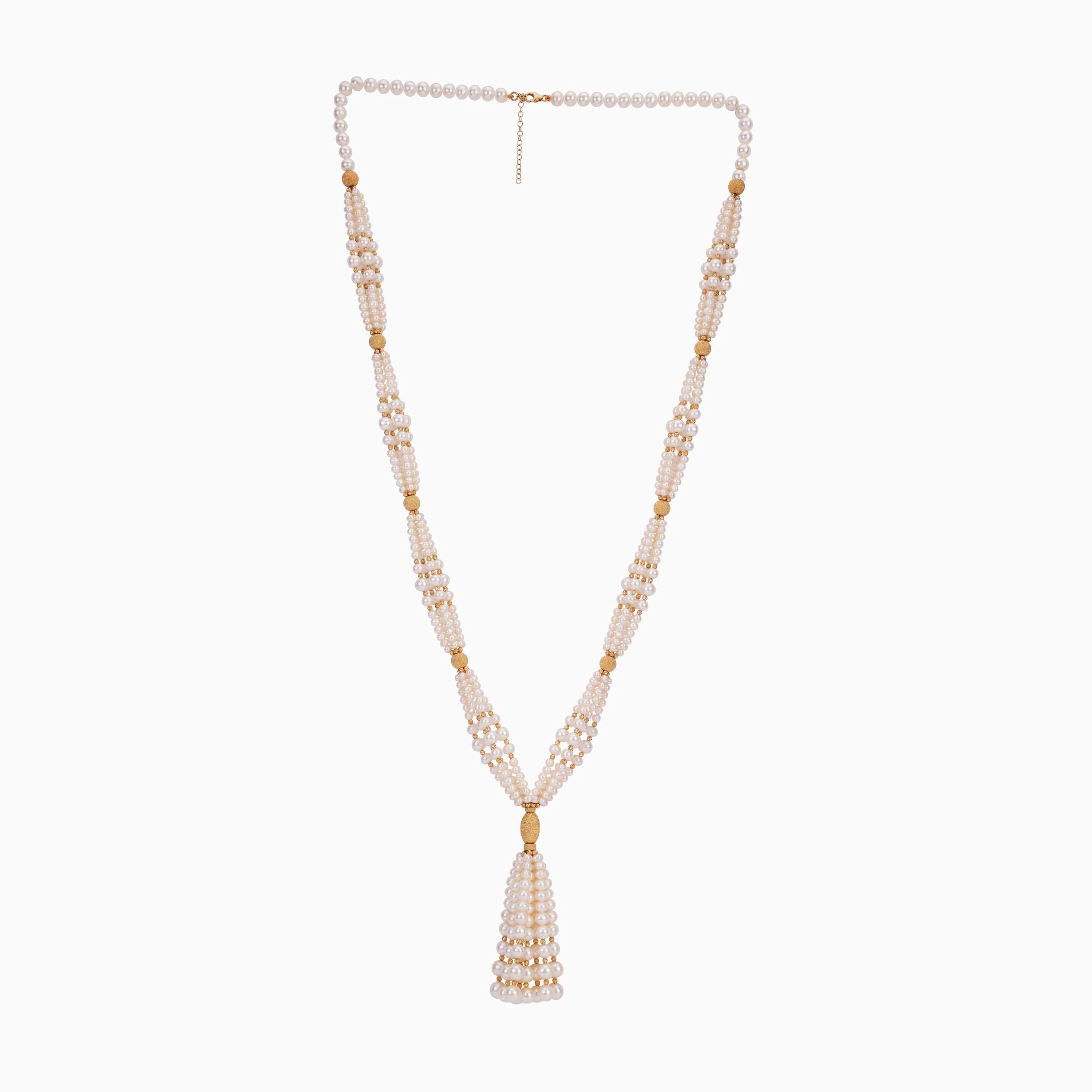 18k Yellow Gold Long Necklace with Oval & Round Pearl Design | Danah Collection - Image 3