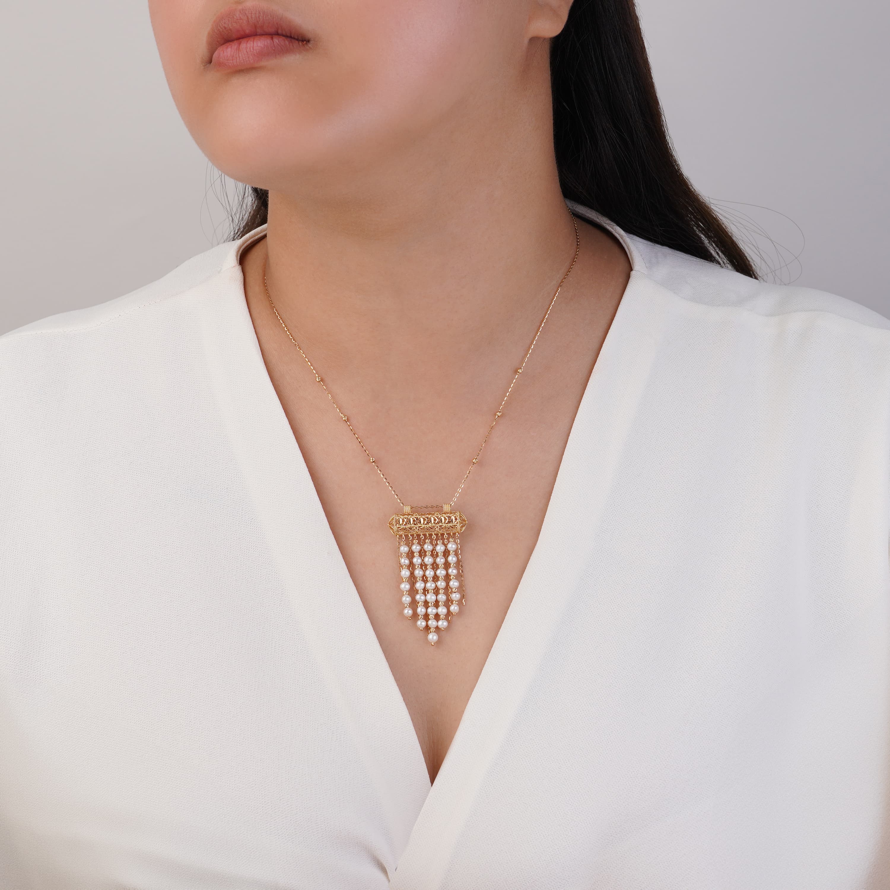 18k Yellow Gold Necklace with Dangling Pearls | Danah Collection - Image 2