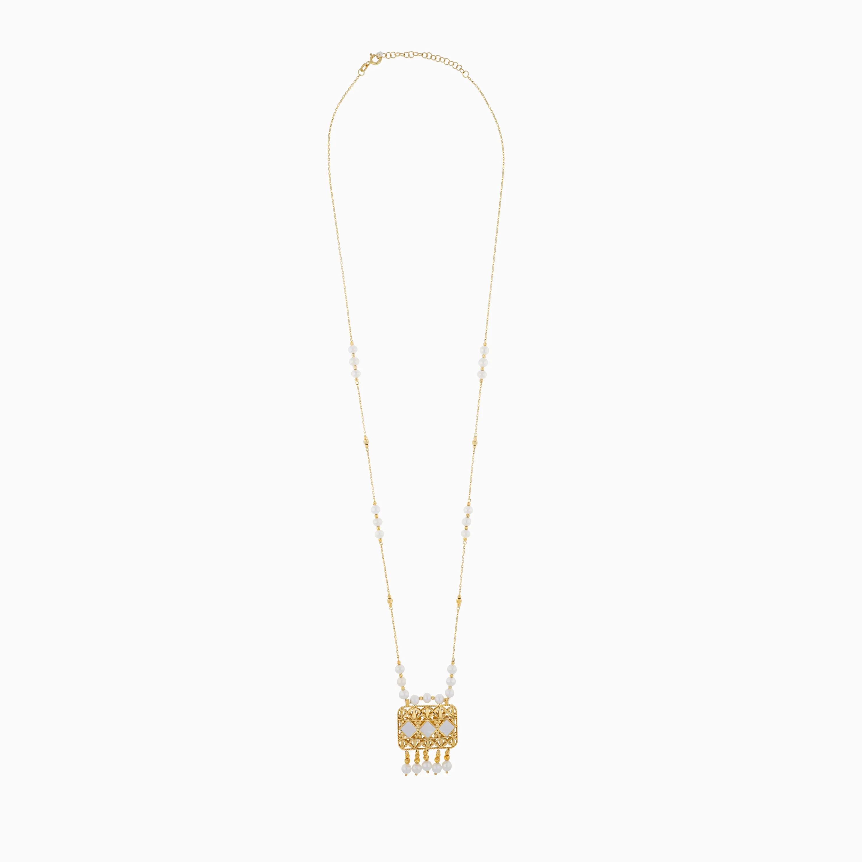18k Yellow Gold Long Necklace with Pearls & Mother of Pearl | Danah Collection - Image 3