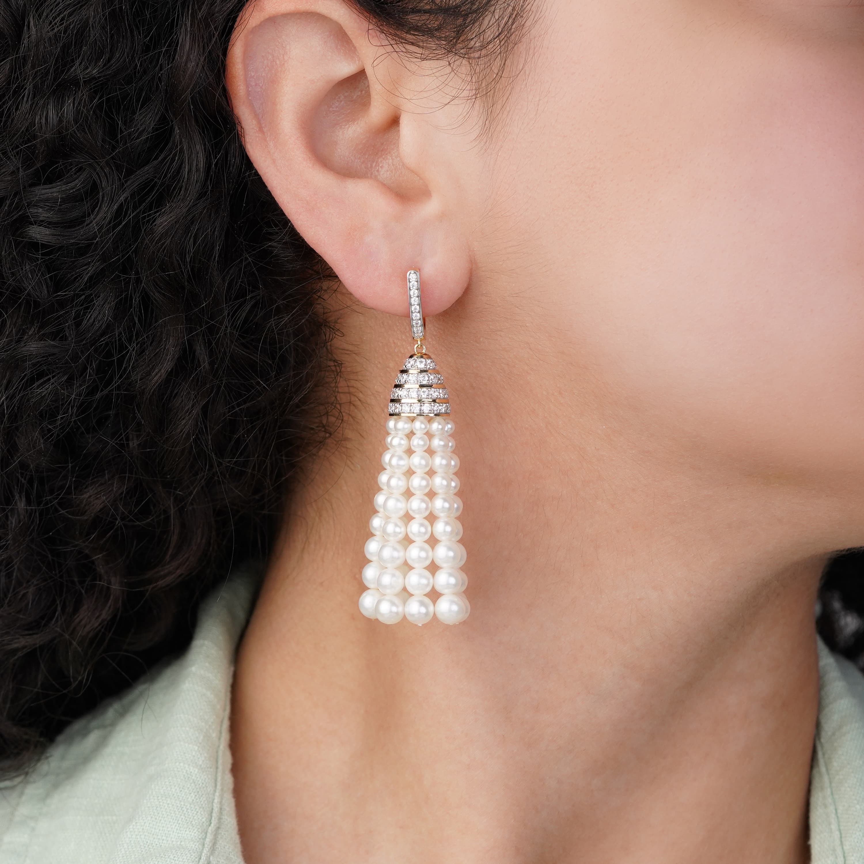 18k Yellow Gold Earrings with Zircon Stones and Dangling Pearls | Danah Collection - Image 2
